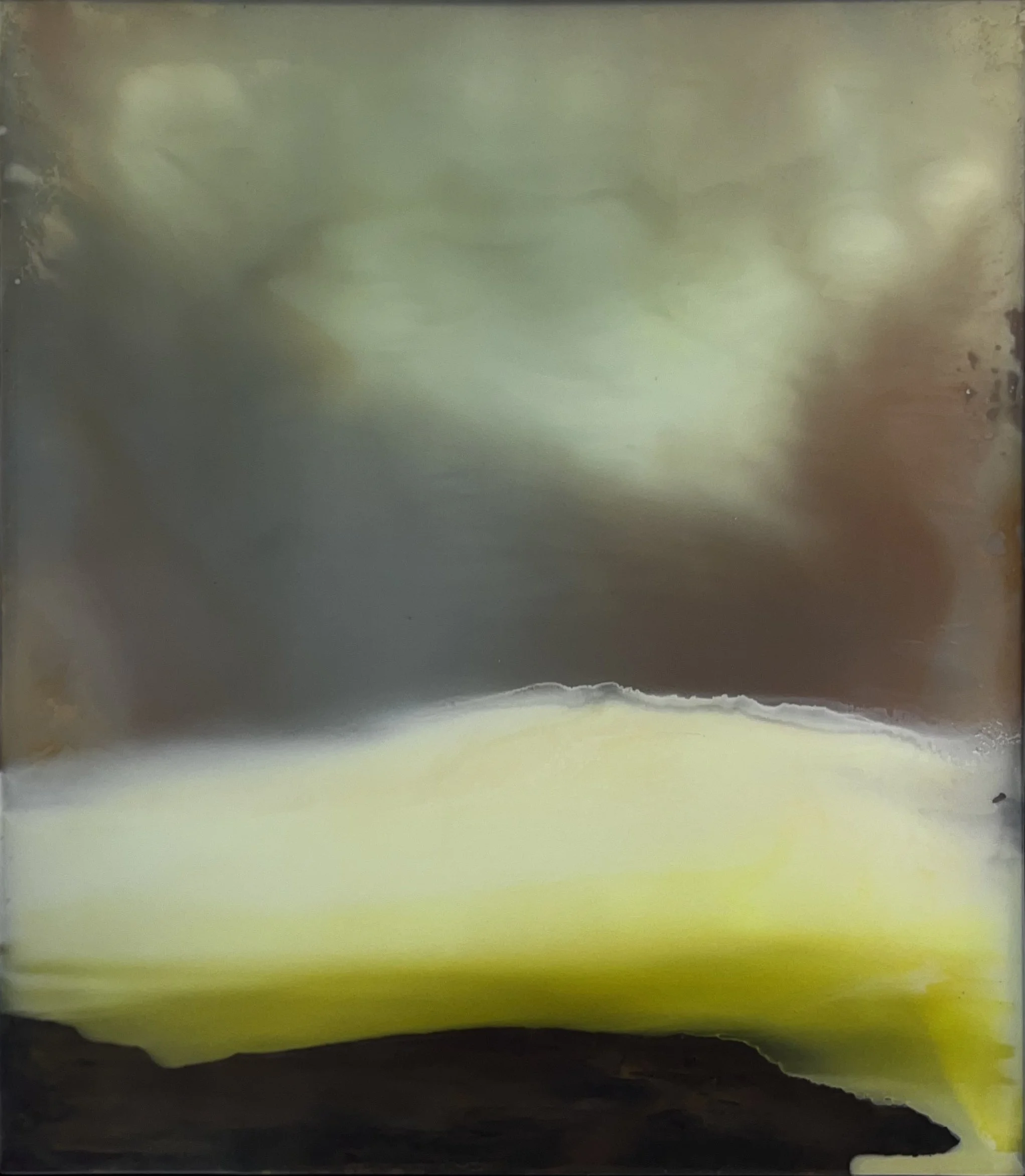 No. 2855 (2025) by Danny Perkins, a 46x37 inch oil on birch panel with resin featuring a high-contrast dark grey cloudscape over vibrant yellow impasto fields