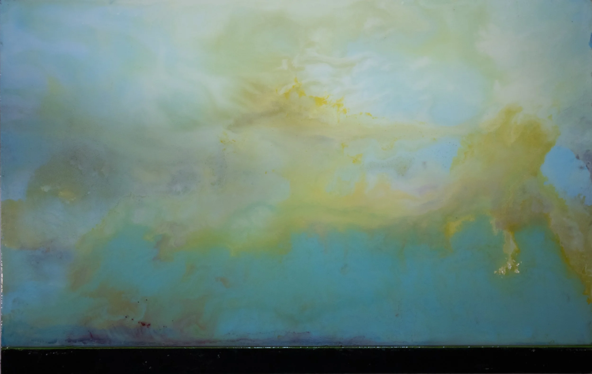 No. 2376 (2024) by Danny Perkins, a 73x47 inch oil on birch panel with sanded resin featuring ethereal yellow cloud formations over a rich turquoise horizon.