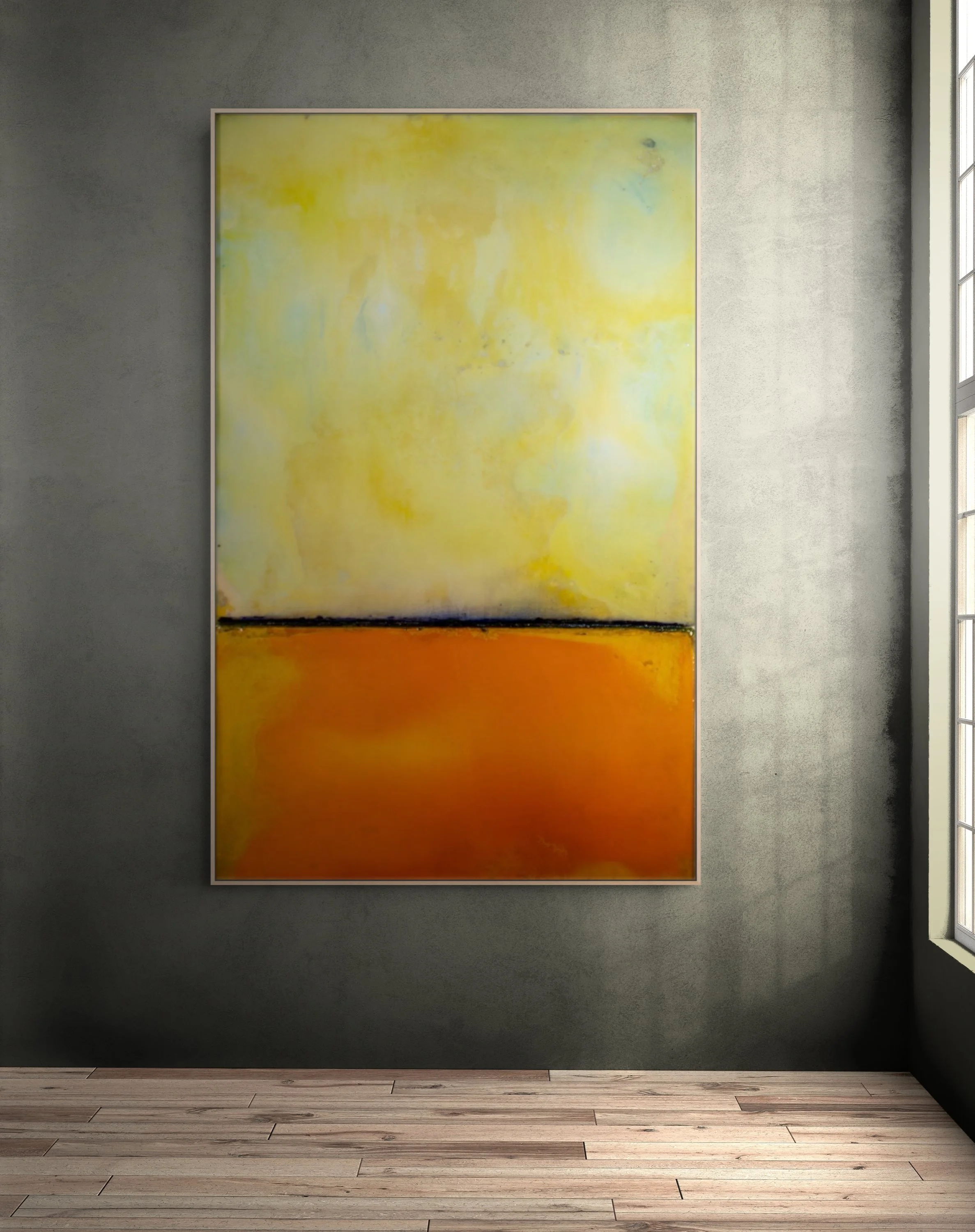 In situ view of No. 389 by Danny Perkins, a 73.5x46.5 inch framed oil on panel with resin featuring glowing yellow and deep marigold-orange color fields.