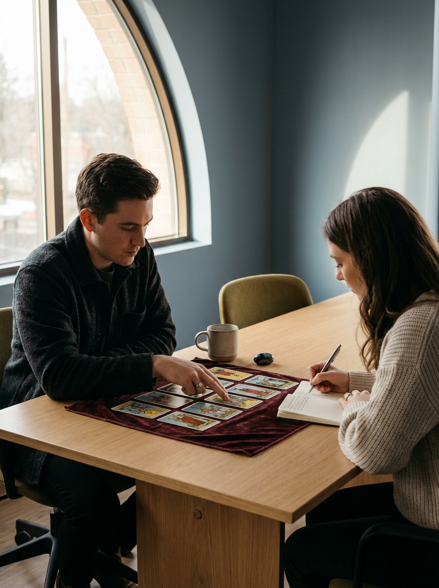 Two people conducting a tarot card reading at a table by a window