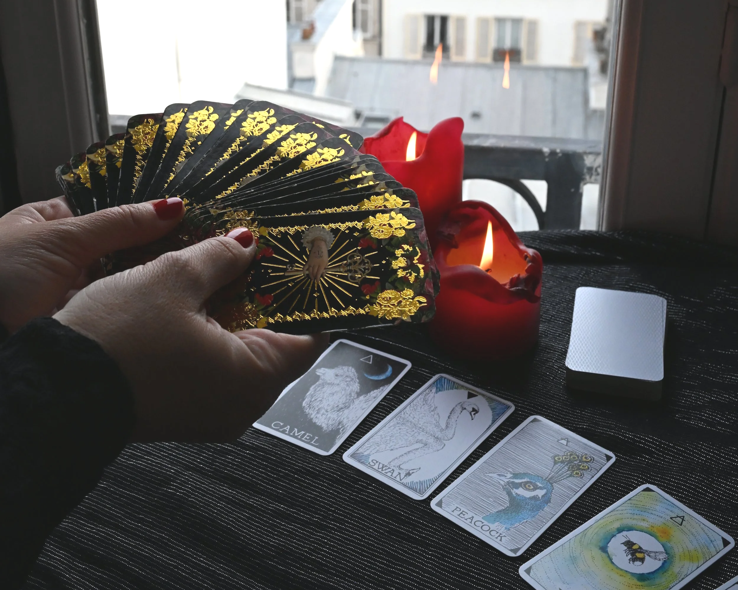 Hand holding ornate black-and-gold tarot cards beside a red candle, with animal oracle cards spread on a table.