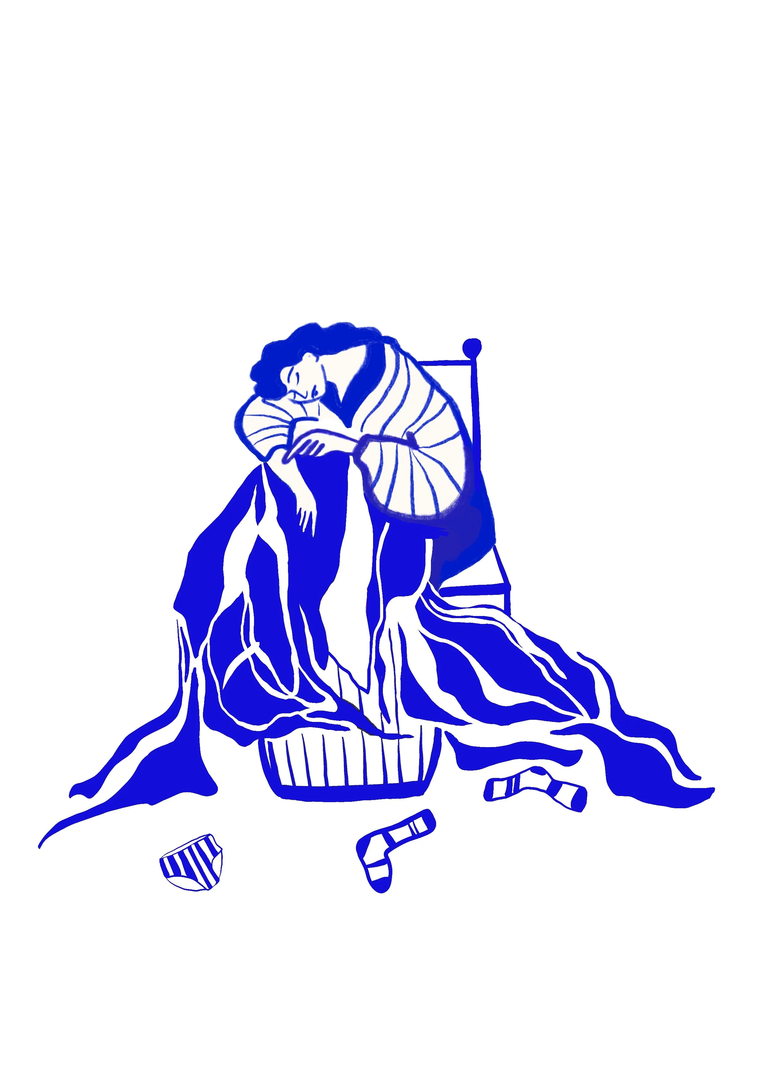 Illustration monochrome bleue d’une personne assise, la tête posée sur les genoux, près d’un banc.