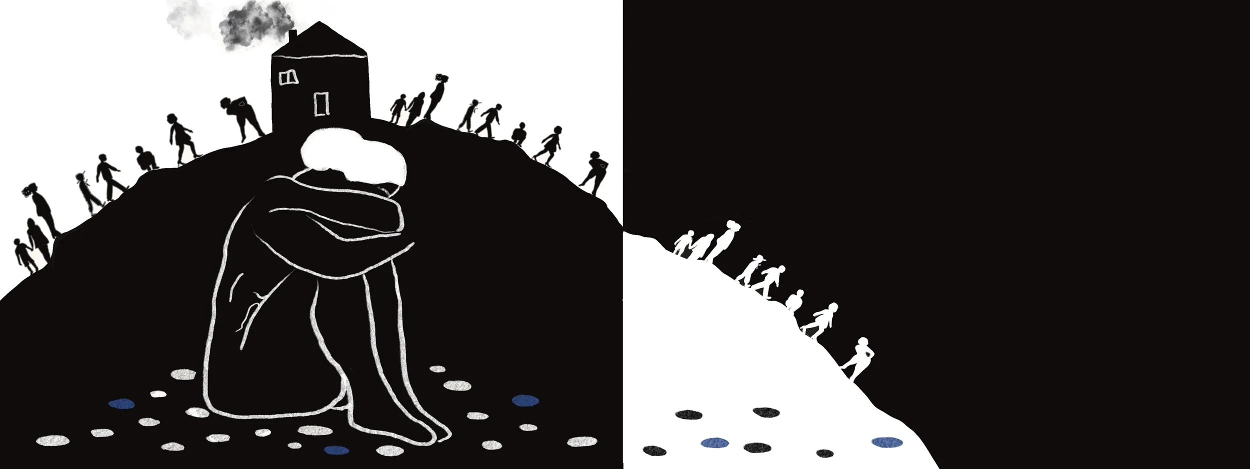 Illustration en noir et blanc d’une personne assise au pied d’une colline, entourée de silhouettes grimpant vers une maison fumante.