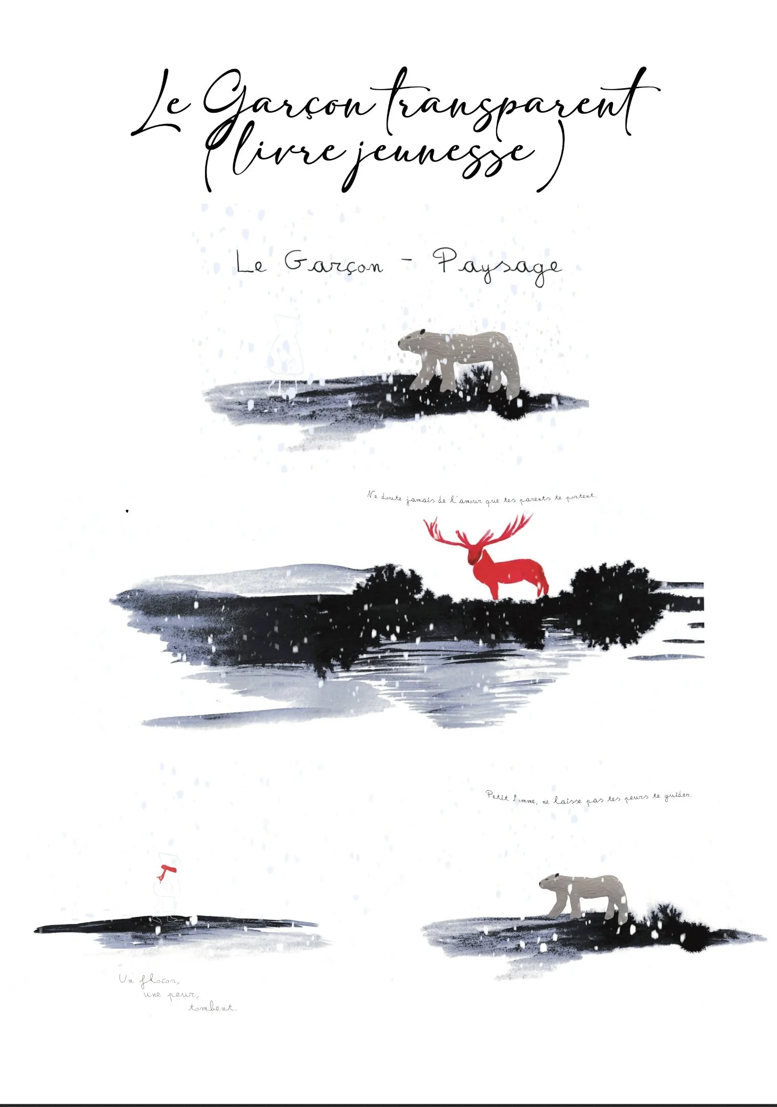 Illustration en noir et blanc d’un ours polaire et d’un cerf rouge dans un paysage enneigé, avec le titre manuscrit « Le Garçon transparent » et « Livre jeunesse ».