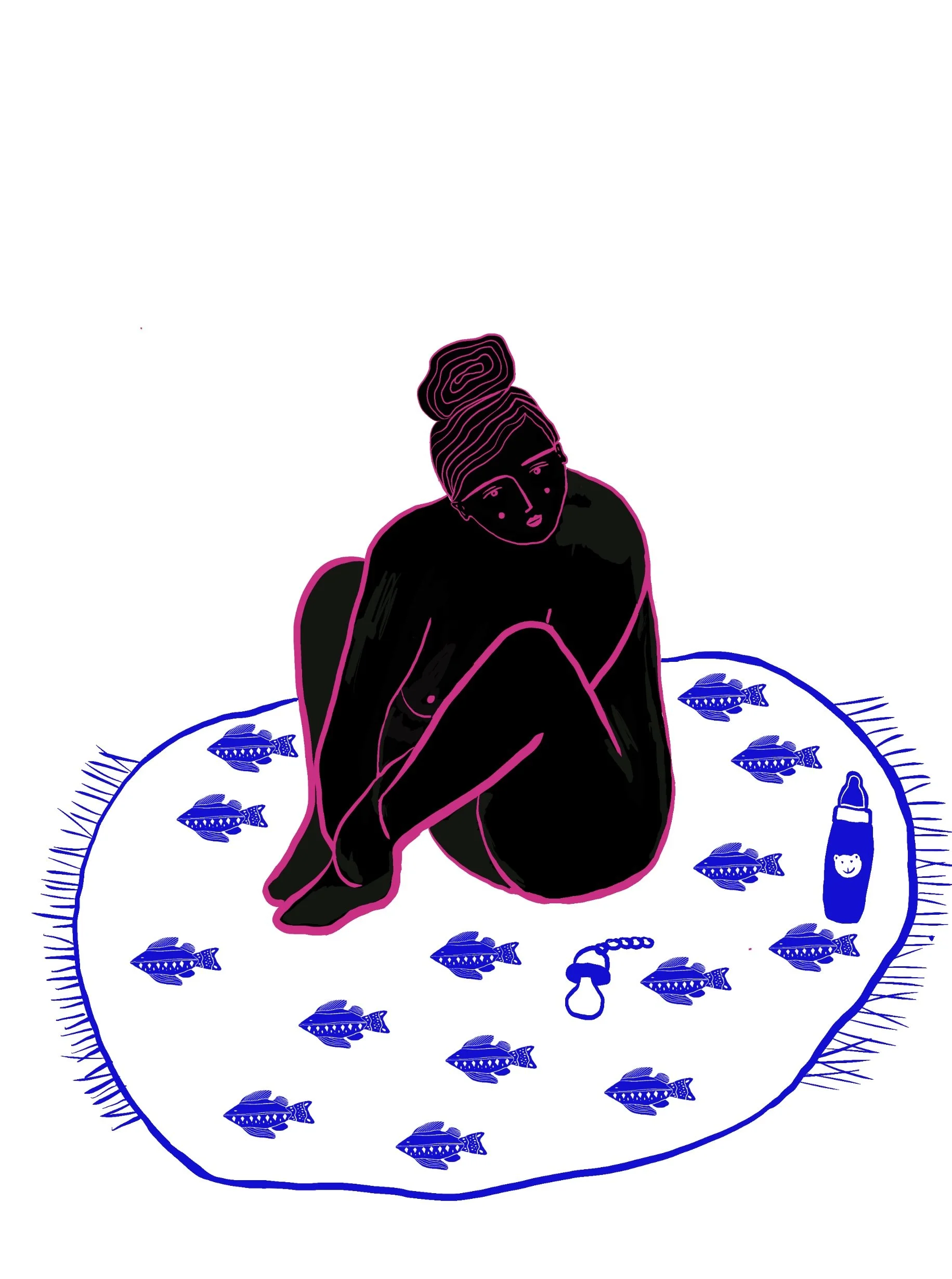 Illustration d’une femme enceinte assise sur un coussin décoré de poissons, avec un biberon et une tétine à proximité.