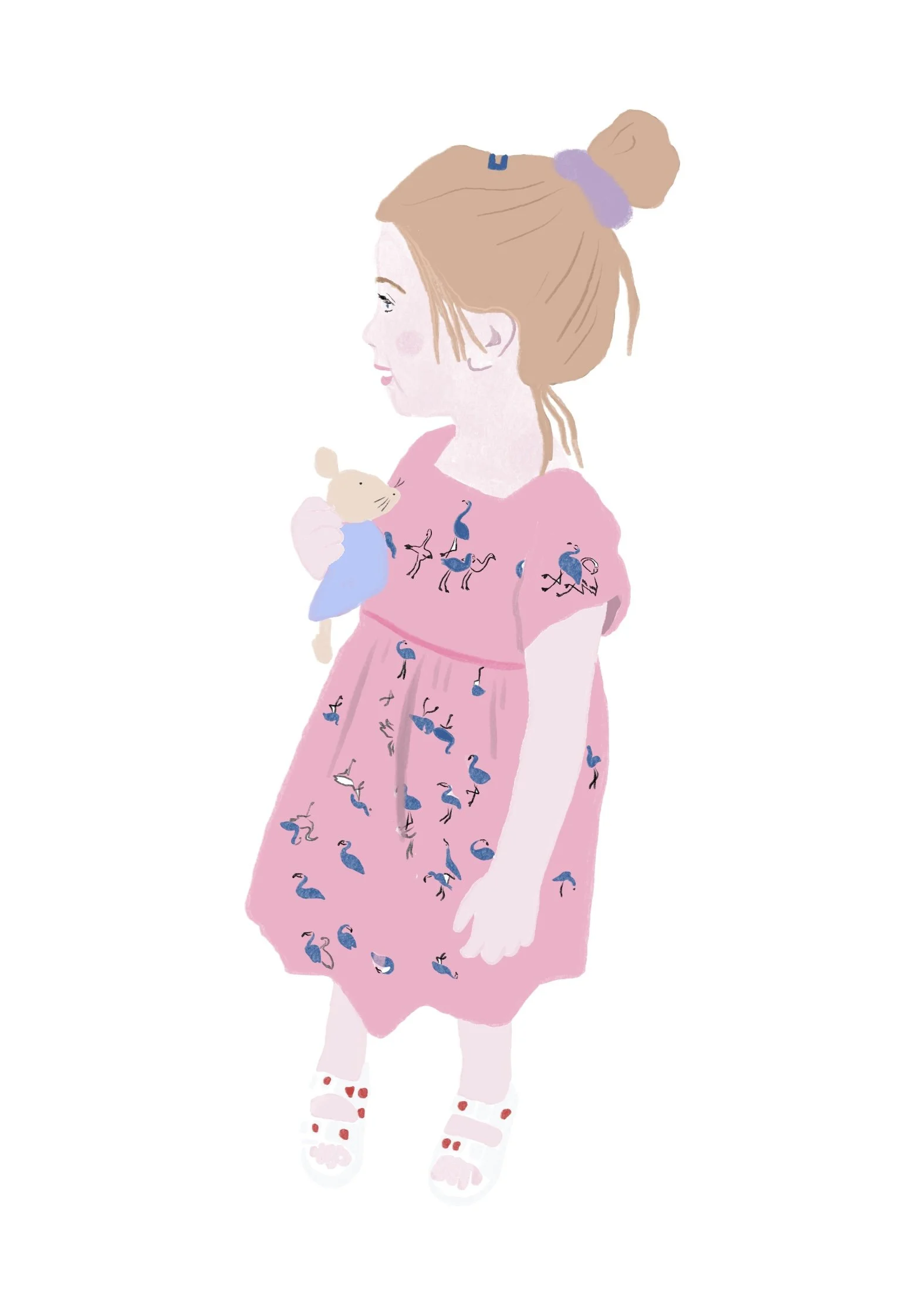 Illustration d’une petite fille en robe rose à motifs de flamants roses, tenant une poupée en peluche.