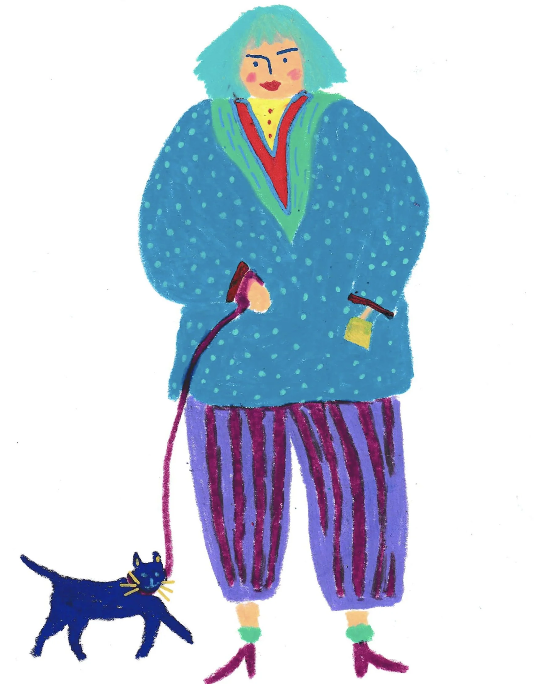 Dessin coloré d’une femme aux cheveux turquoise, vêtue d’un manteau bleu à pois et d’un pantalon rayé, tenant une canne tandis qu’un chat noir marche à ses côtés.