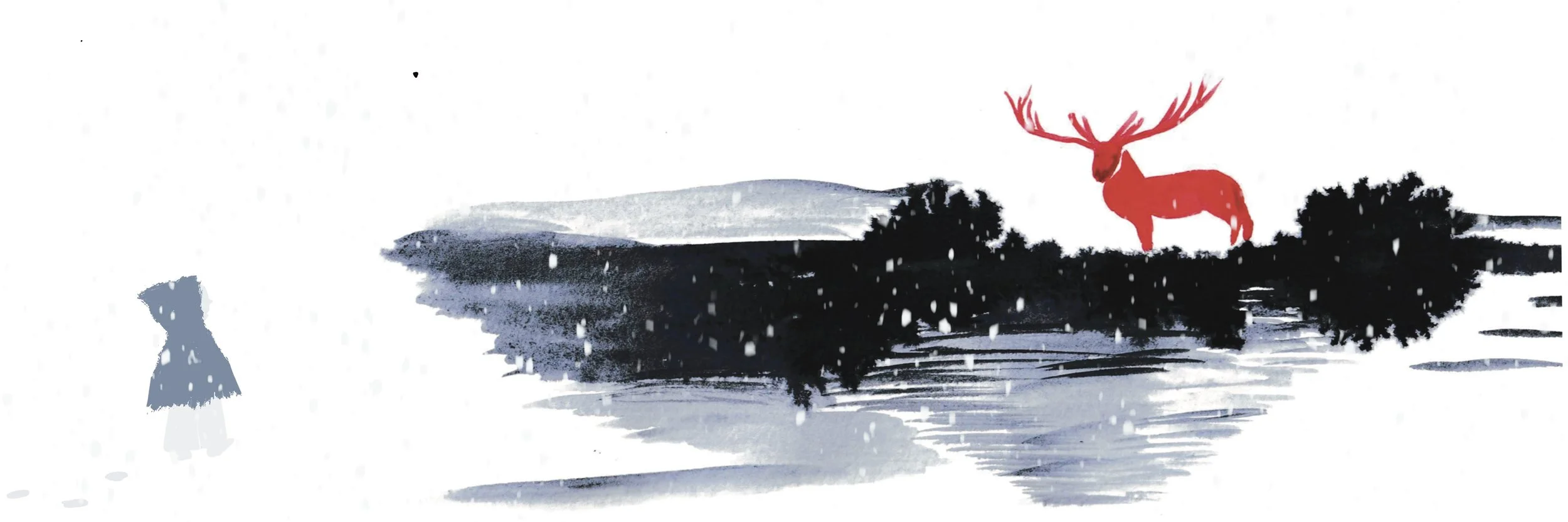 Illustration hivernale à l’aquarelle montrant un cerf rouge dans un paysage enneigé, avec des sapins et une silhouette de chalet.