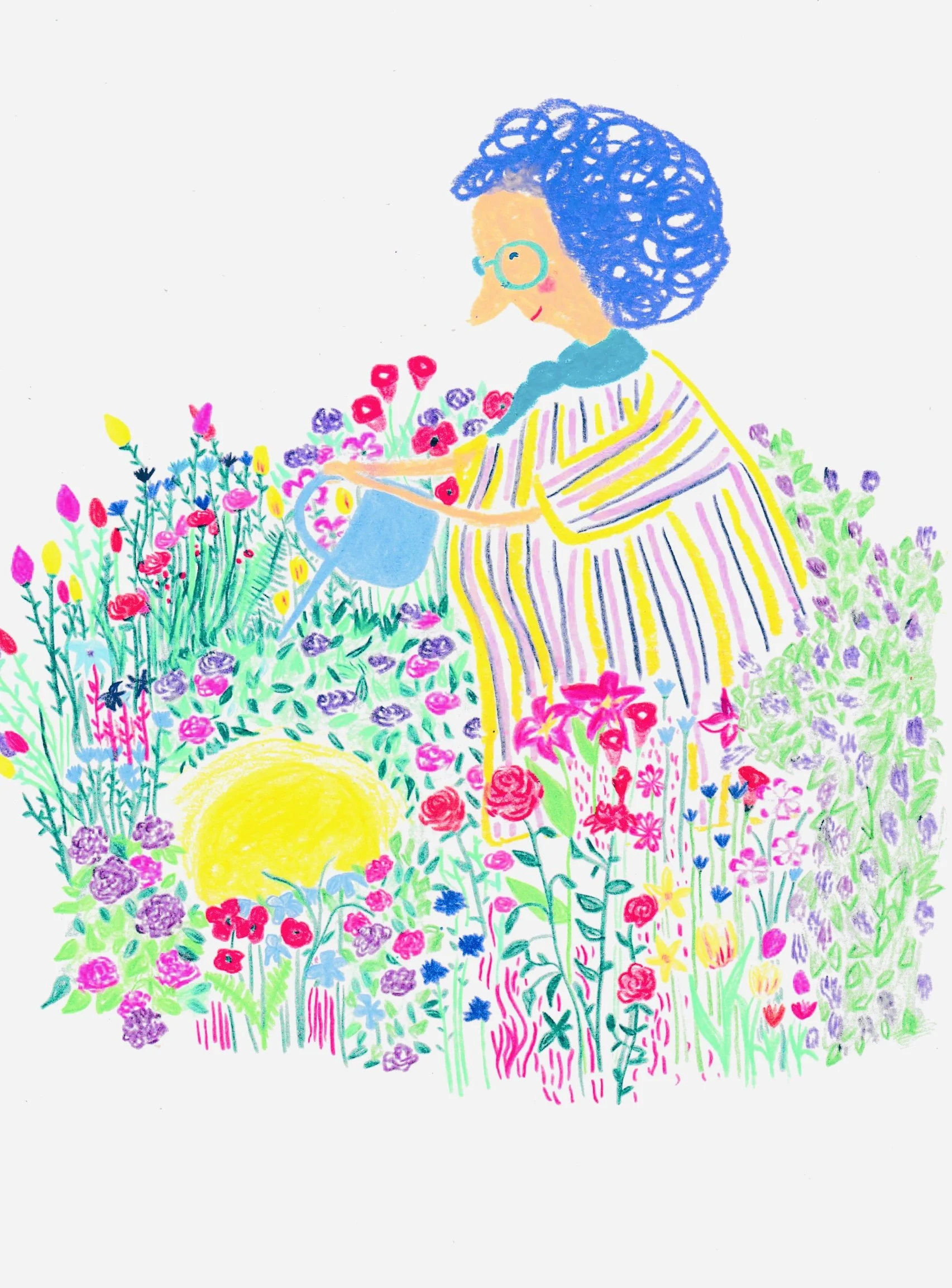 Illustration colorée d’une femme âgée portant des lunettes et arrosant un jardin fleuri avec un arrosoir bleu.