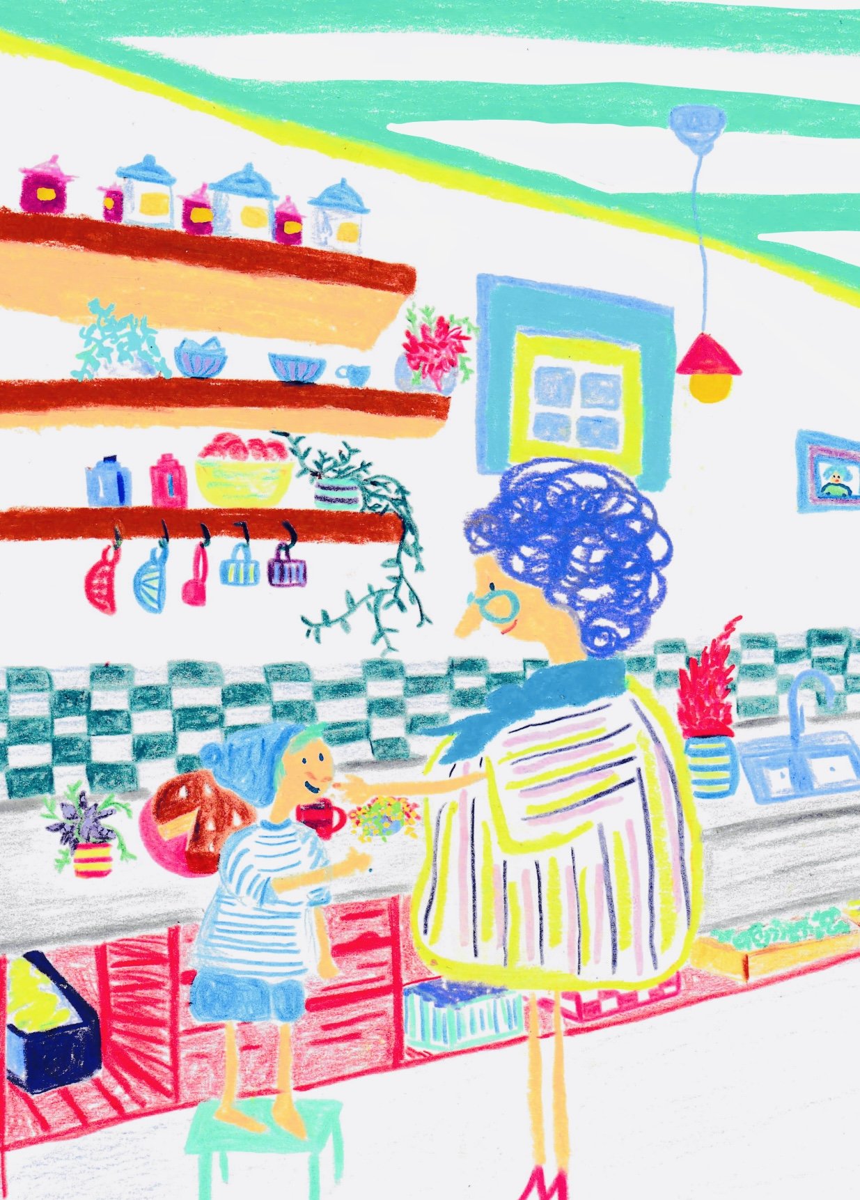 Illustration colorée d’une grand-mère et d’un enfant préparant un repas dans une cuisine.