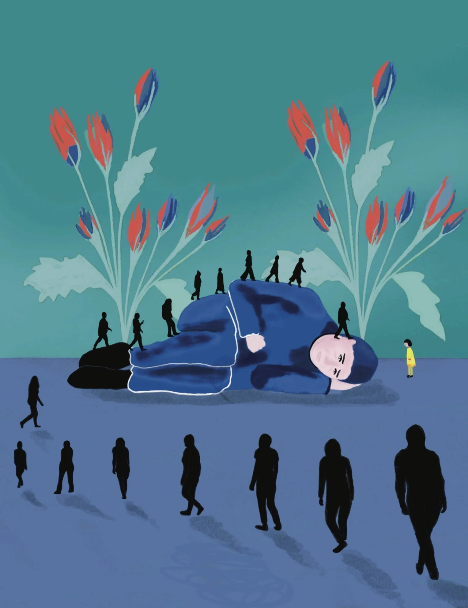 Illustration surréaliste d’une personne allongée au sol, entourée de silhouettes noires et de fleurs rouges et bleues.