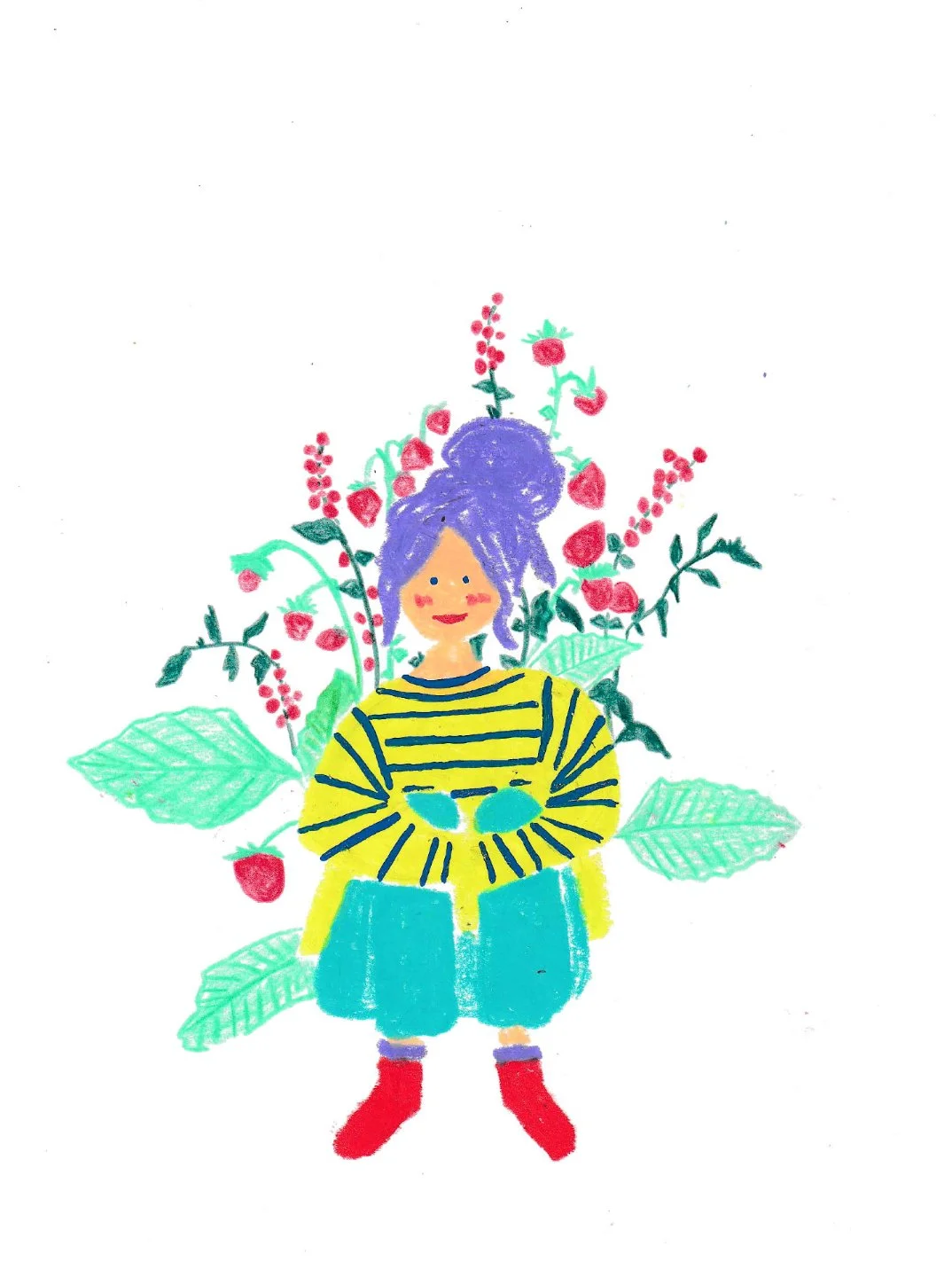 Illustration colorée d’une fille aux cheveux violets, vêtue d’un pull rayé jaune et bleu, entourée de fleurs rouges et de grandes feuilles vertes.