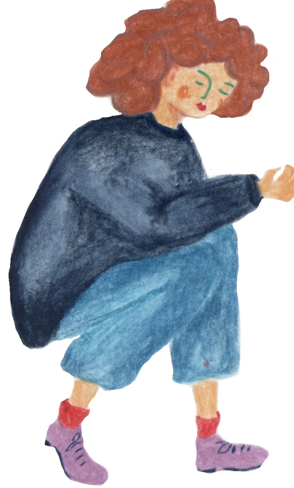 Illustration aquarelle d’une personne aux cheveux roux bouclés, portant un pull bleu marine, une jupe bleue et des chaussures violettes.