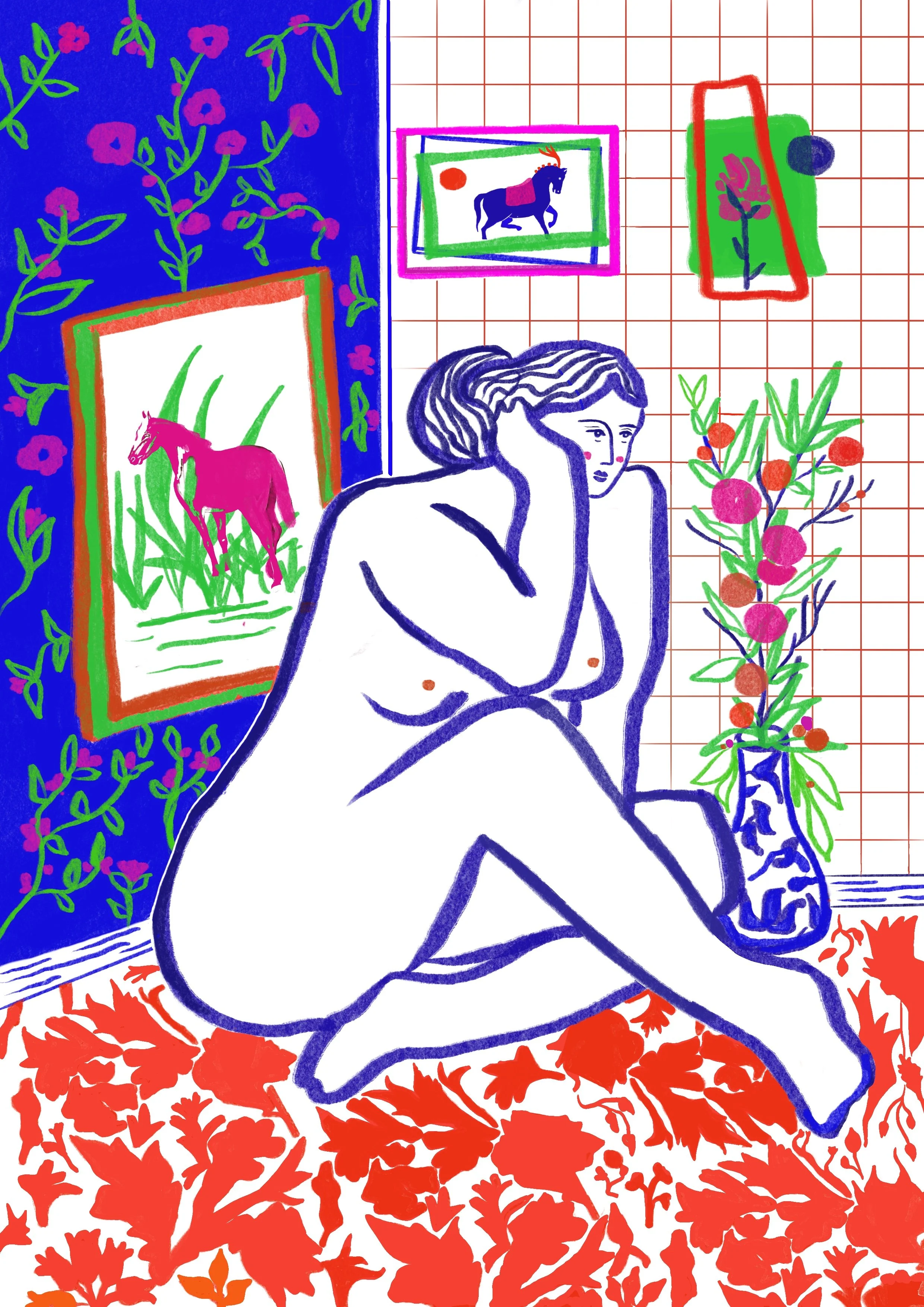 Illustration colorée d’une femme aux cheveux bouclés entourée de fleurs, de cadres représentant des chevaux et d’un vase fleuri.