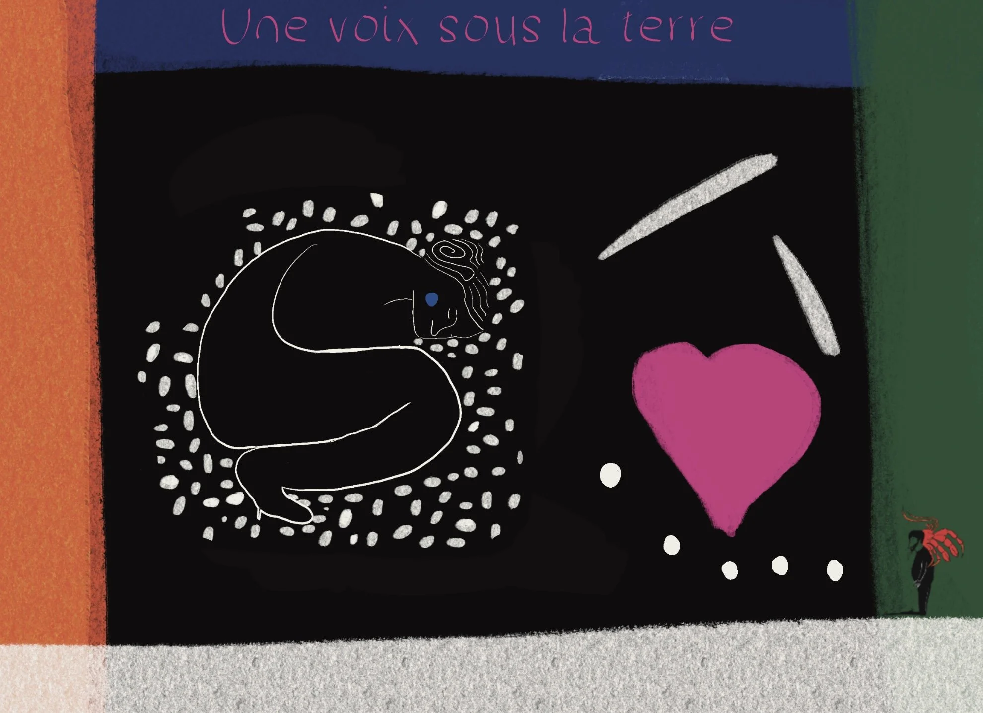 Illustration de style collage montrant une personne recroquevillée sous terre, un cœur rose et le texte « Une voix sous la terre ».