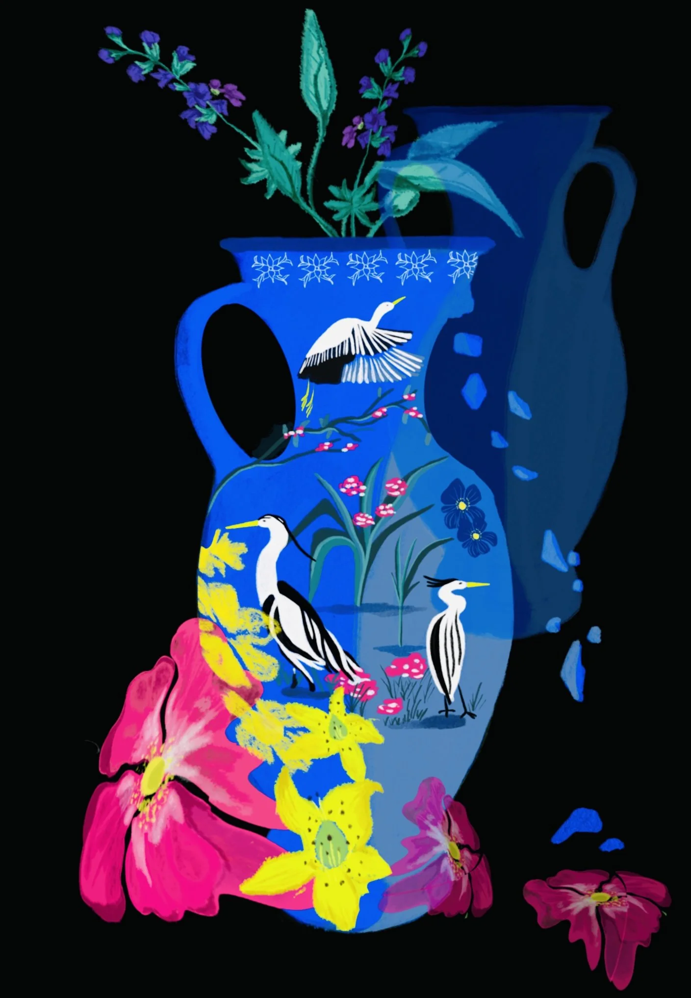 Illustration colorée d’un pichet bleu fleuri avec des hérons, des fleurs et un arrosoir bleu sur fond noir.