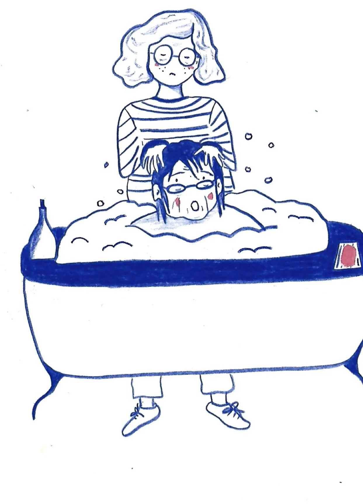 Illustration dessinée à la main d’une personne dans une baignoire moussante, massée par une autre personne portant un pull rayé.