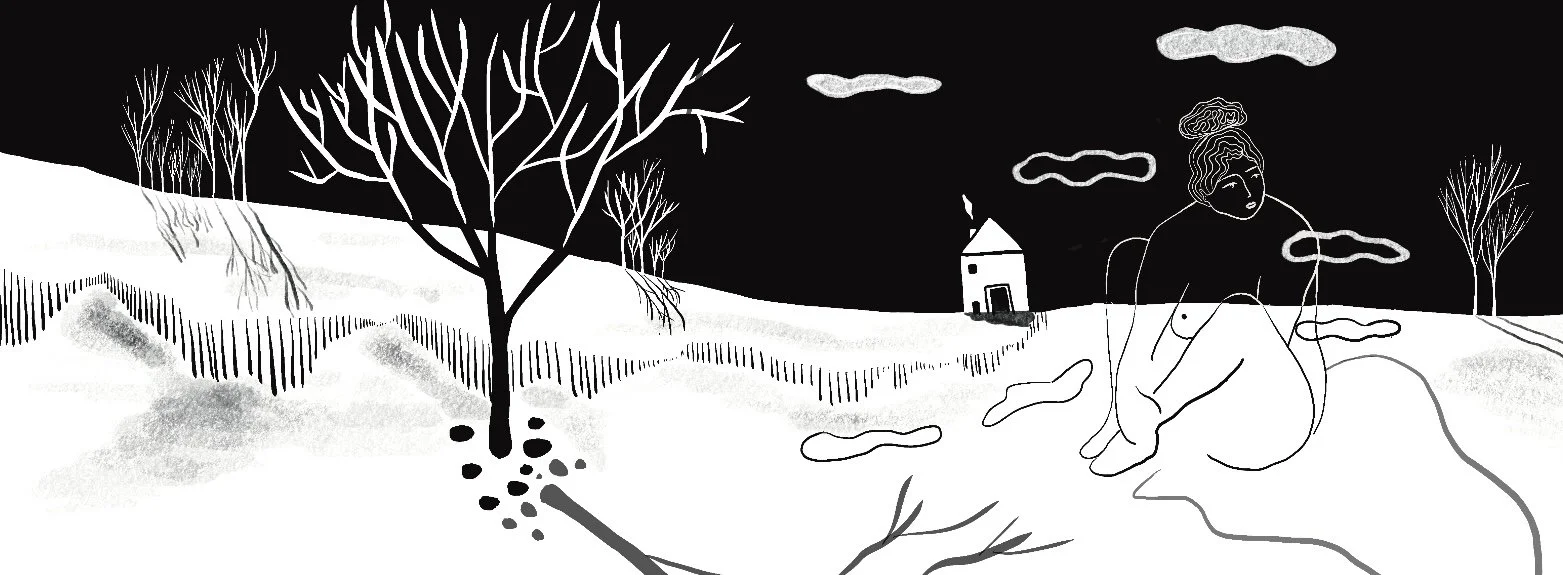 Illustration en noir et blanc d’une femme assise dans un paysage enneigé, avec un arbre dénudé, une petite maison et des nuages.