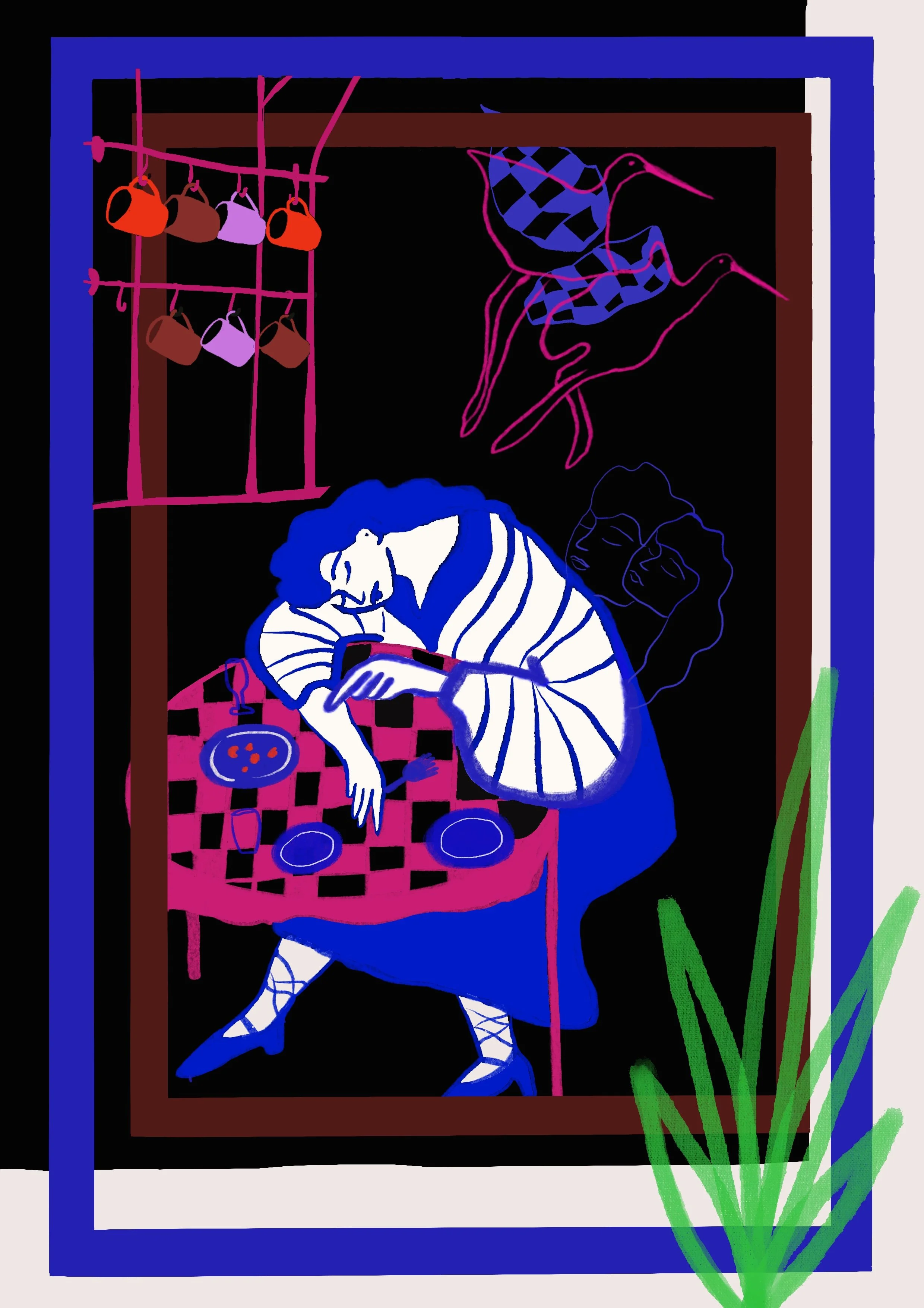 Illustration colorée d’une personne attachée à une table, entourée de tasses suspendues, d’un oiseau et de plantes.