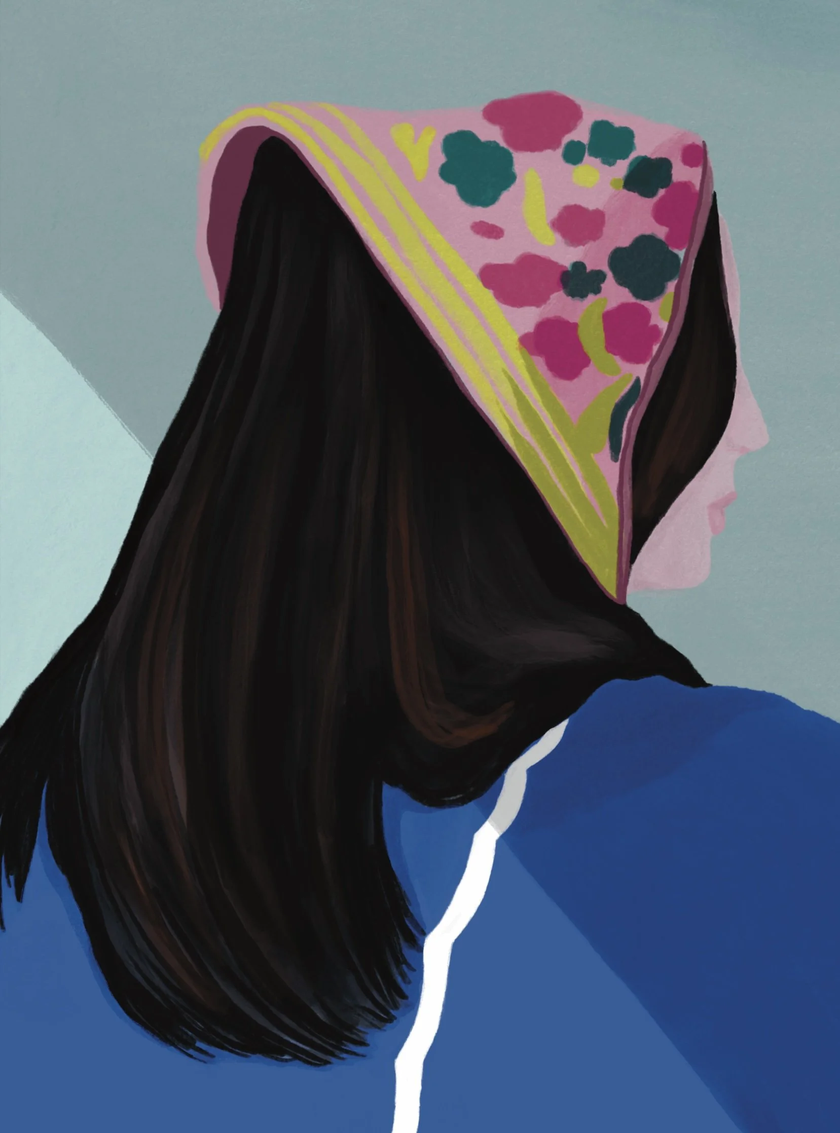 Illustration d’une personne aux longs cheveux noirs portant un foulard rose à motifs colorés et un vêtement bleu.