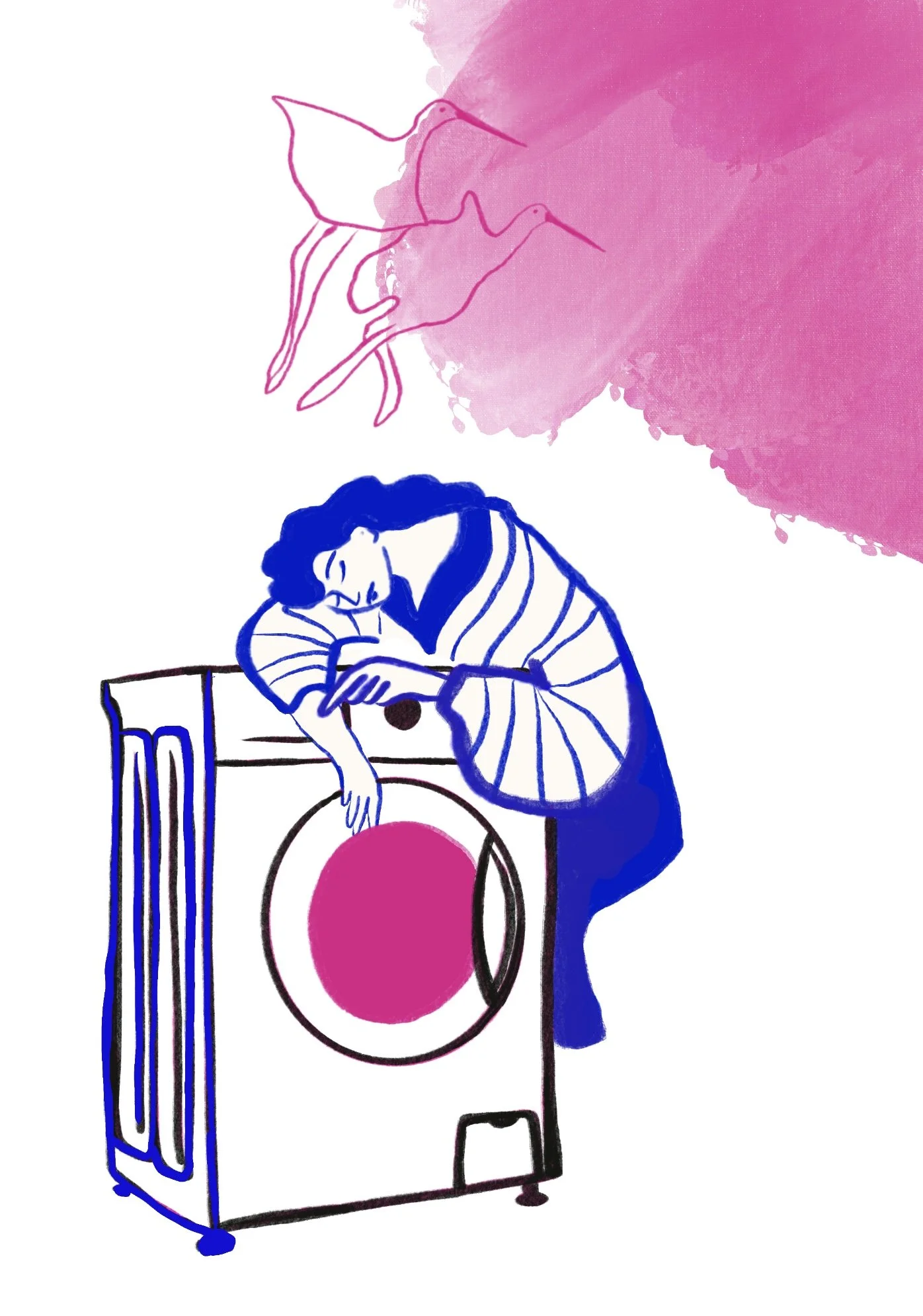 Illustration d’une personne endormie sur une machine à laver, avec deux oiseaux roses dessinés au-dessus et une éclaboussure rose en arrière-plan.