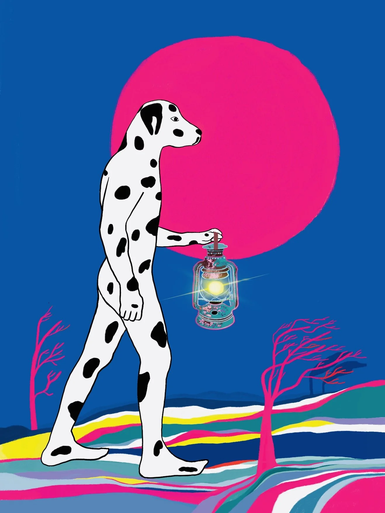 Illustration surréaliste d’un chien dalmatien anthropomorphe tenant une lanterne lumineuse, sur fond bleu avec un grand cercle rose et des arbres stylisés.