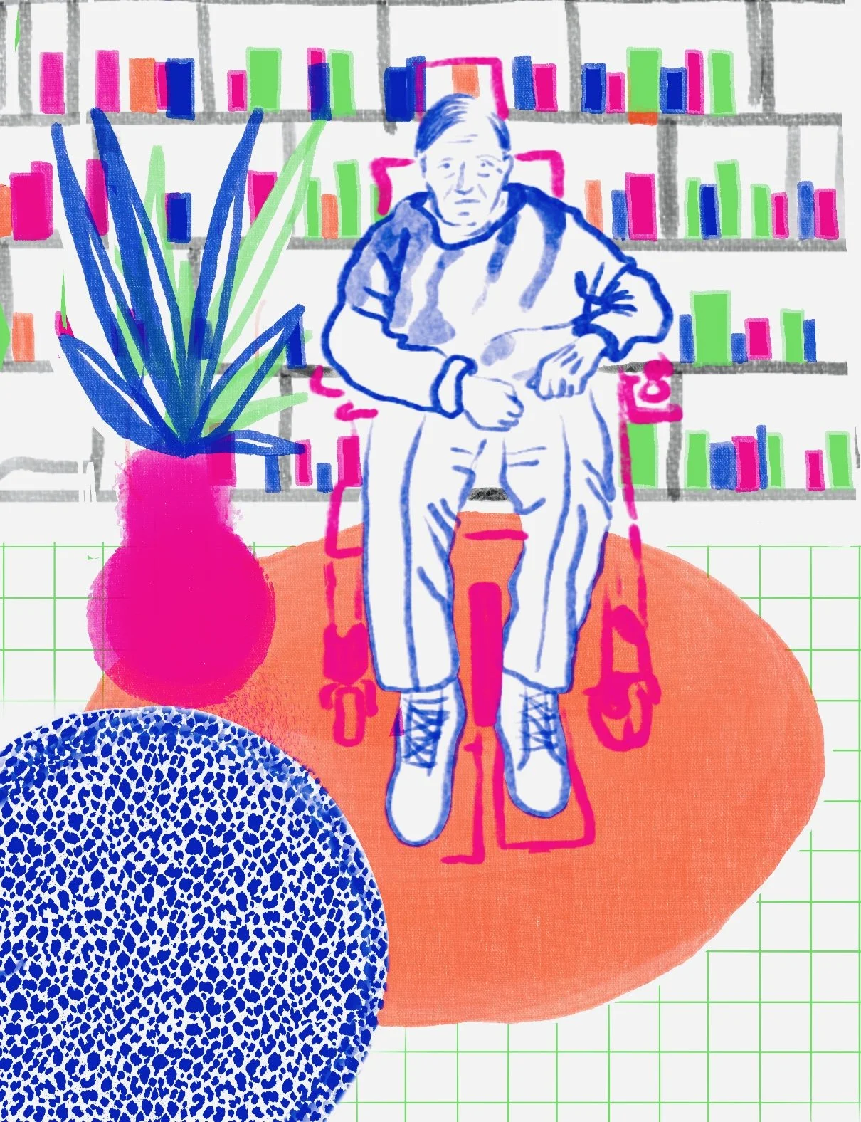 Illustration colorée d’un homme âgé assis sur une chaise, entouré d’une plante en pot et d’étagères garnies de livres.