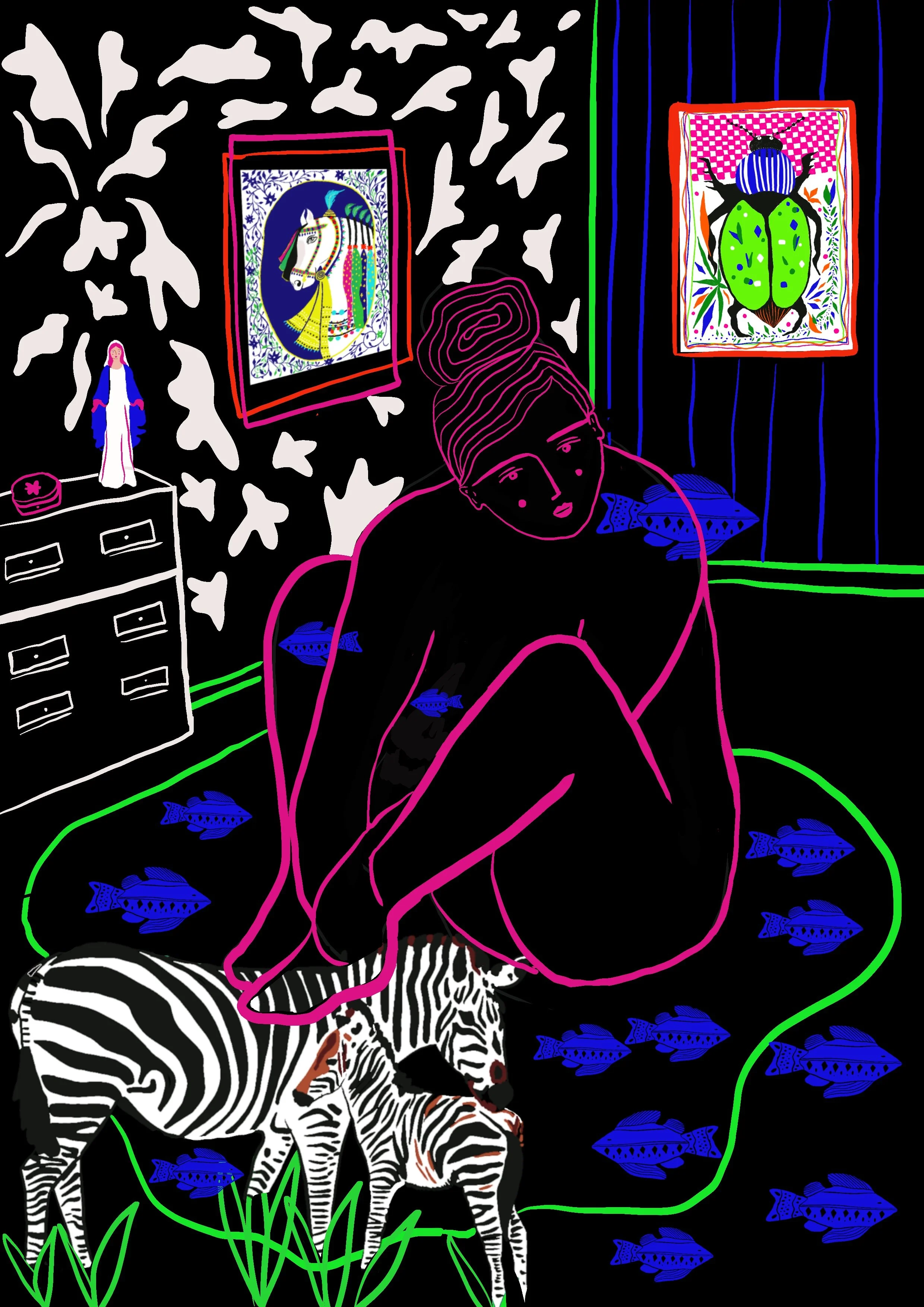 Illustration surréaliste colorée d’une femme noire dans un décor de poissons bleus, zèbres, tableaux encadrés et motifs abstraits.