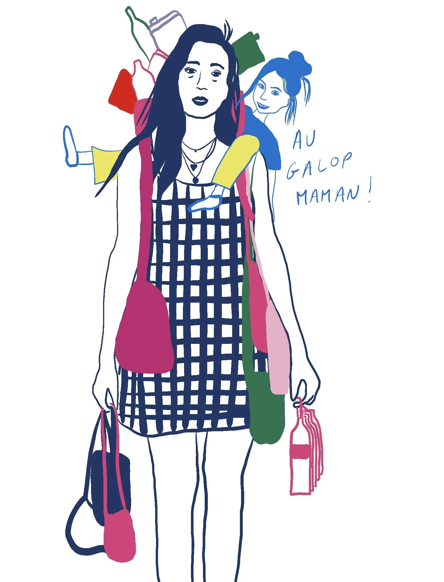 Illustration colorée de deux femmes portant des vêtements et accessoires variés, avec le texte « Au galop maman ! »