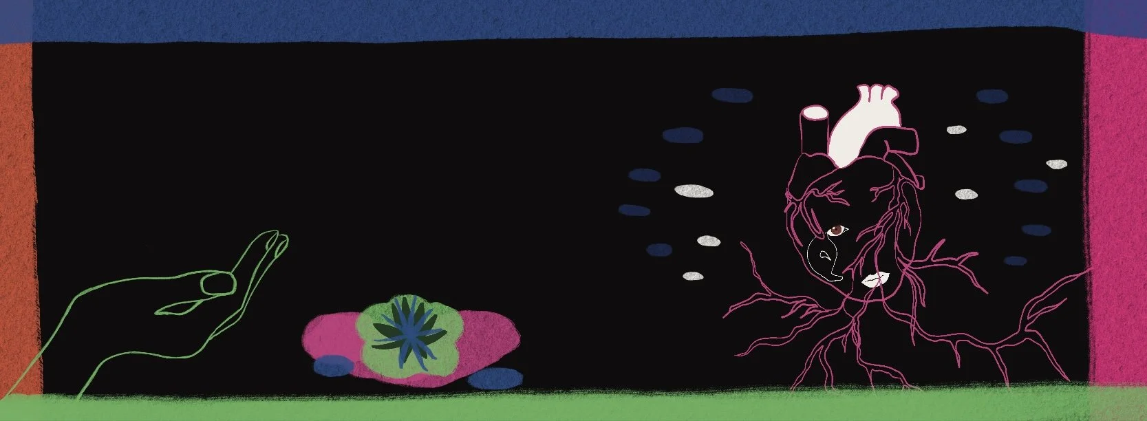 Illustration néon d’une créature humanoïde rose à tête de cœur, d’une main verte et d’un nénuphar coloré sur fond noir.