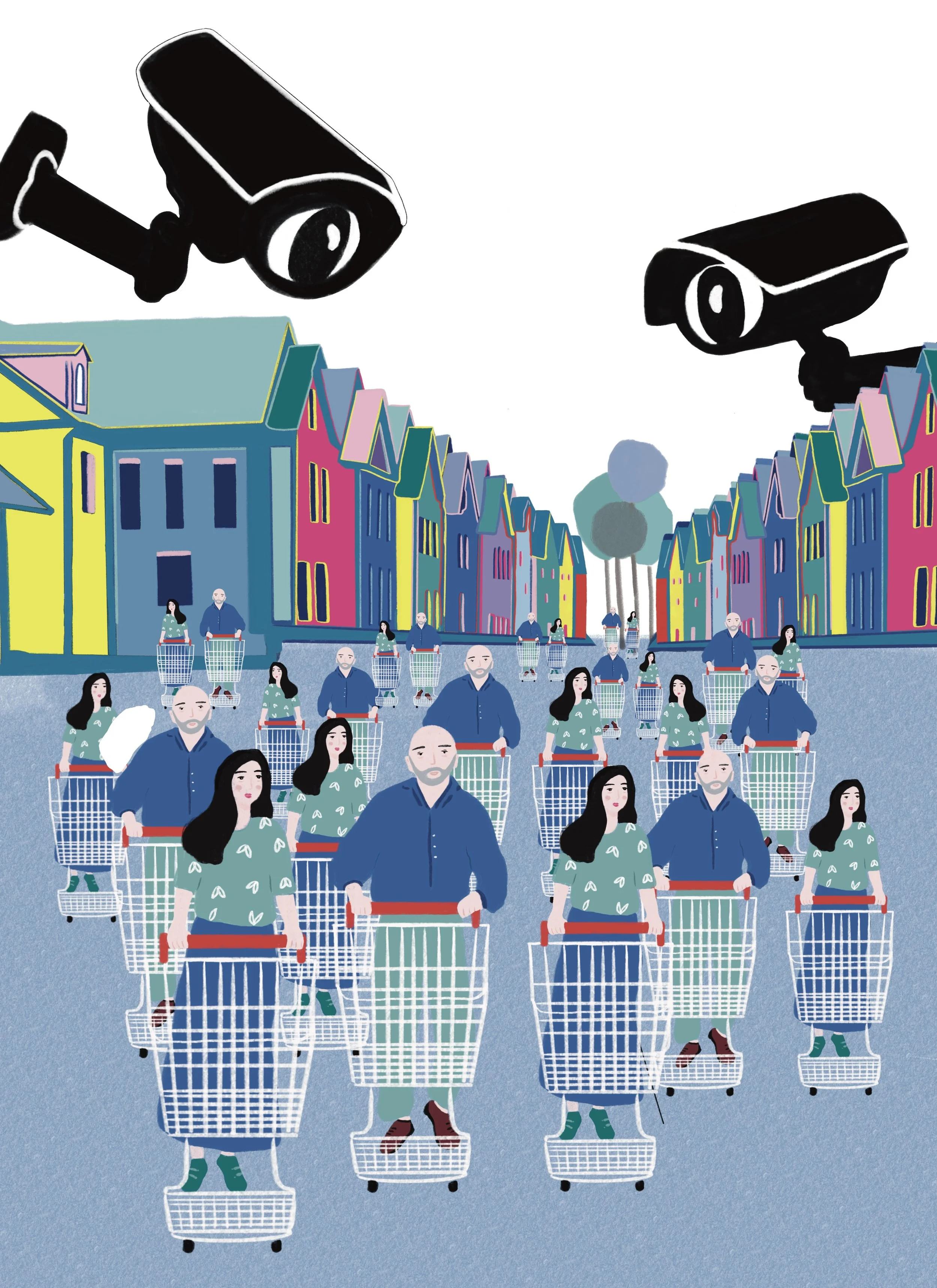Illustration surréaliste de personnes poussant des caddies à travers une ville colorée, sous deux yeux géants flottants.