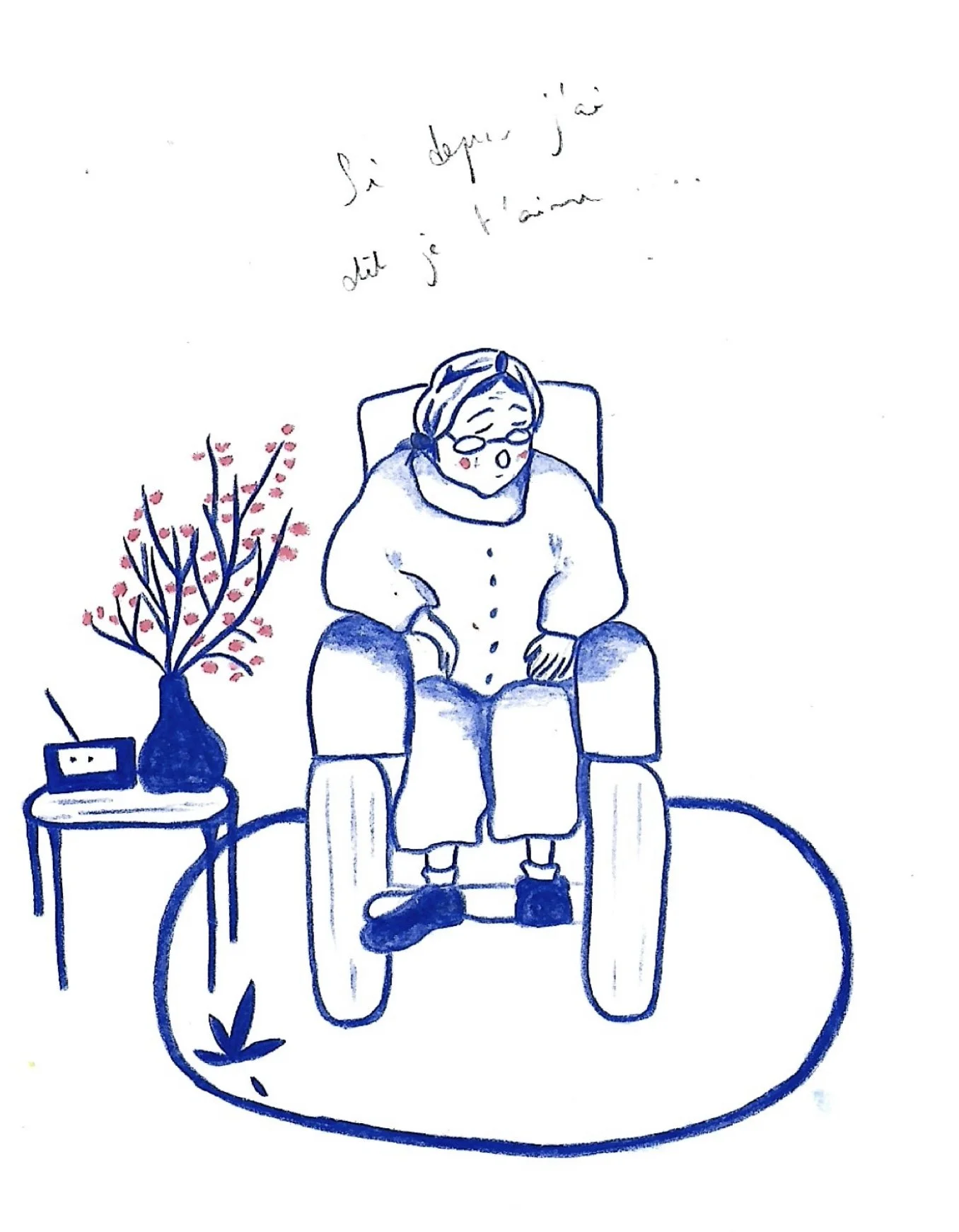 Illustration d’une personne assise dans un fauteuil, emmitouflée dans un manteau et une écharpe, avec une plante fleurie à côté.
