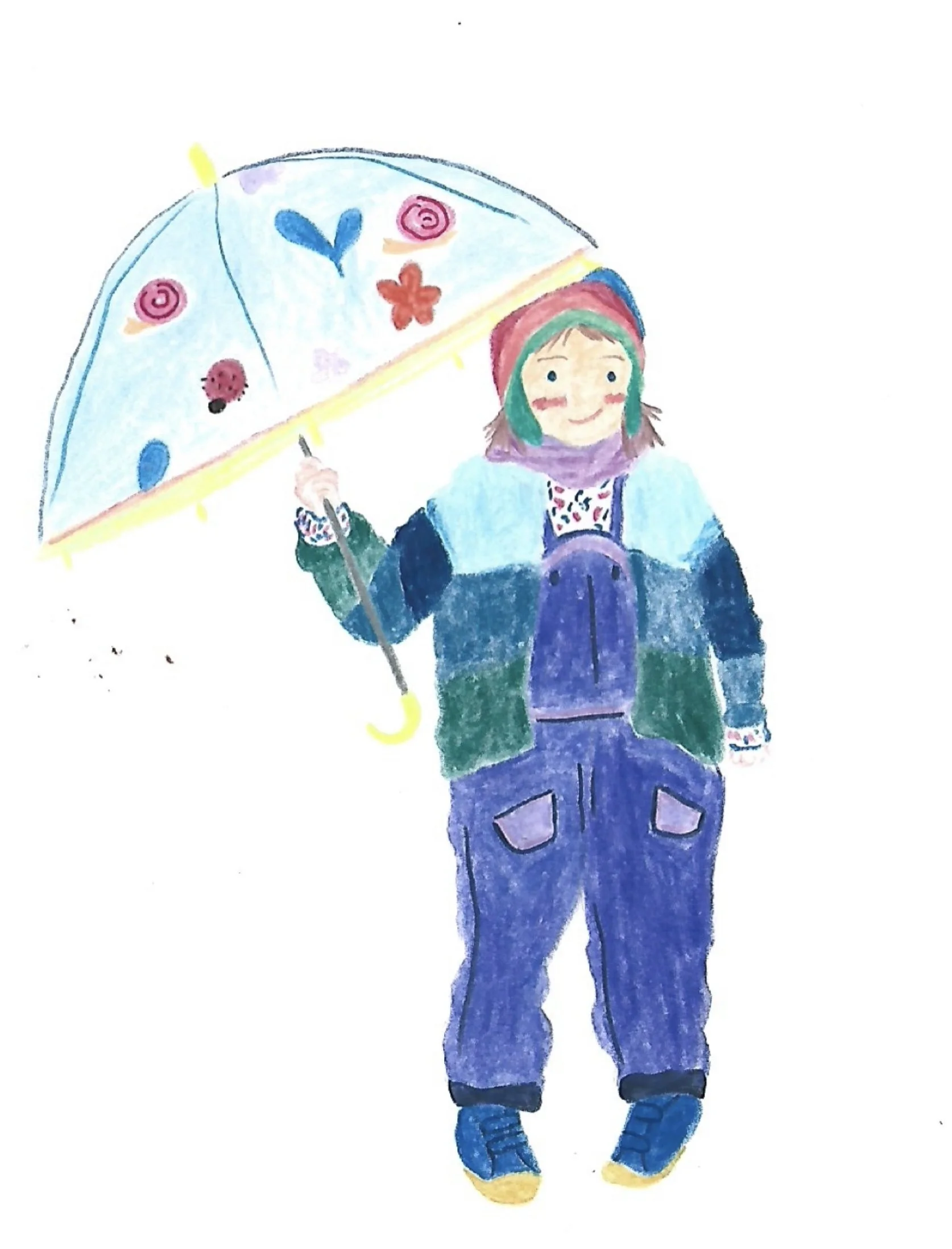 Illustration aquarelle d’un enfant souriant en tenue d’hiver tenant un parapluie décoré de fleurs et de motifs colorés.