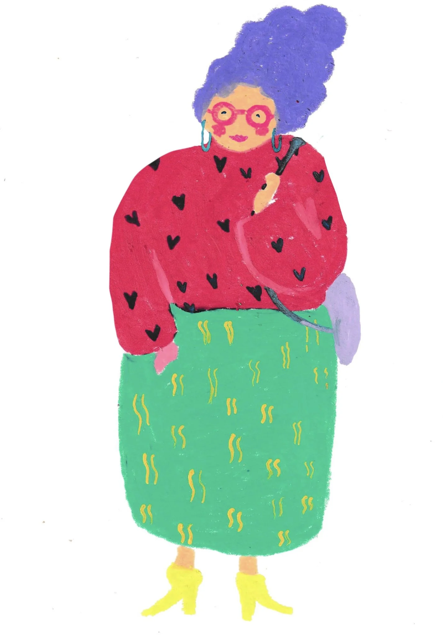 Illustration colorée d’une femme aux cheveux violets, portant des lunettes roses, un pull rouge à cœurs noirs et une jupe verte.