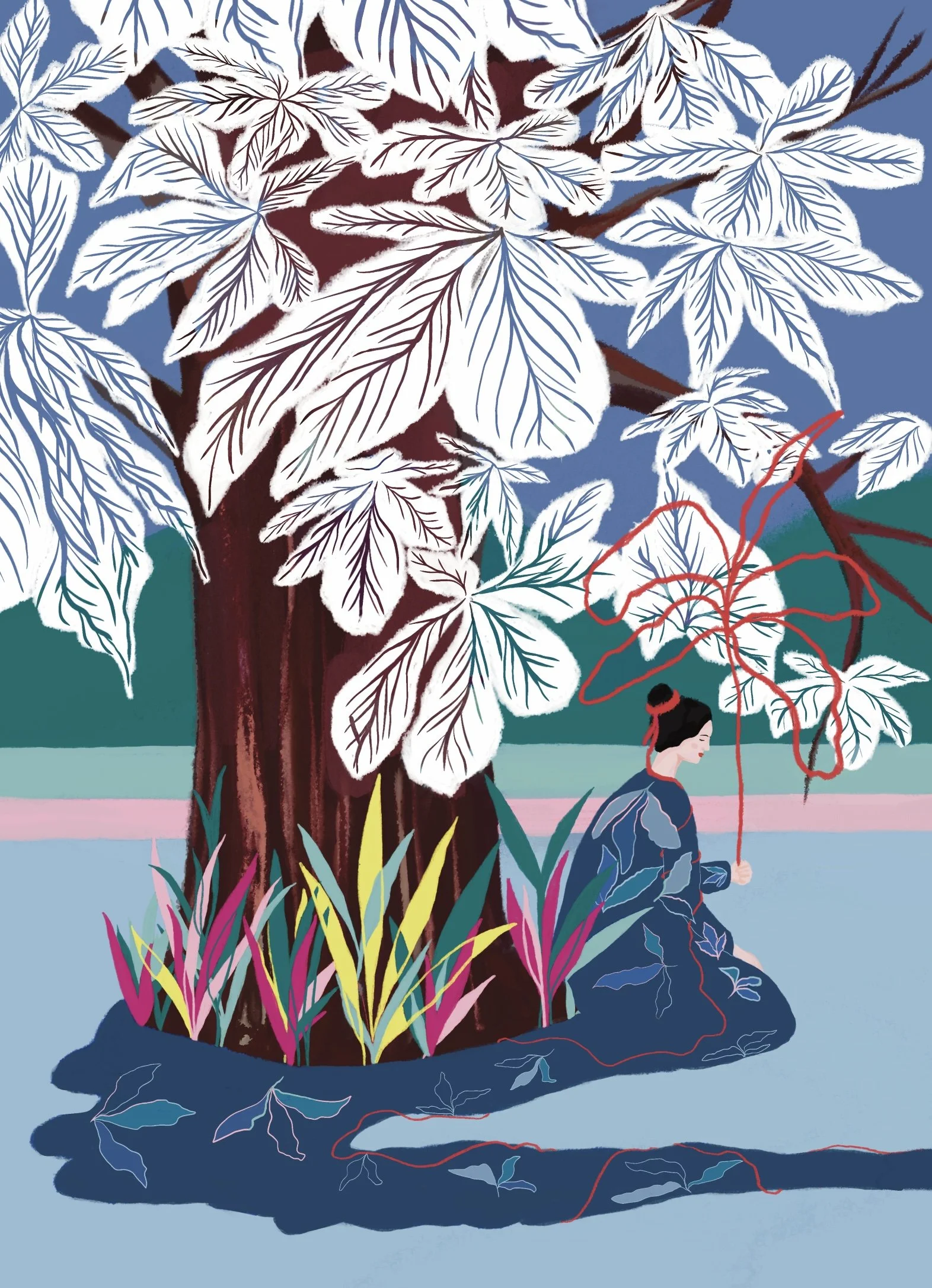 Illustration colorée d’une femme assise se balançant sous un grand arbre aux feuilles blanches, entourée de plantes tropicales et de fils rouges.