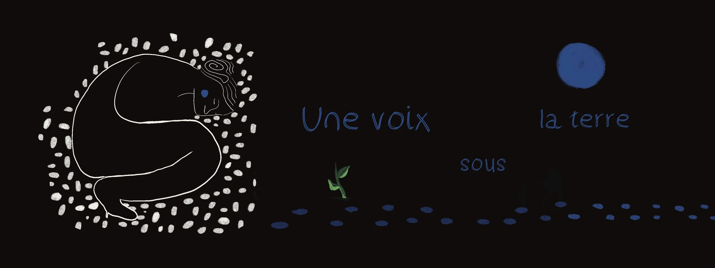 Illustration sombre d’un animal marin dessiné au trait, d’une voix bleue, de la Terre et d’une jeune pousse sous la surface.