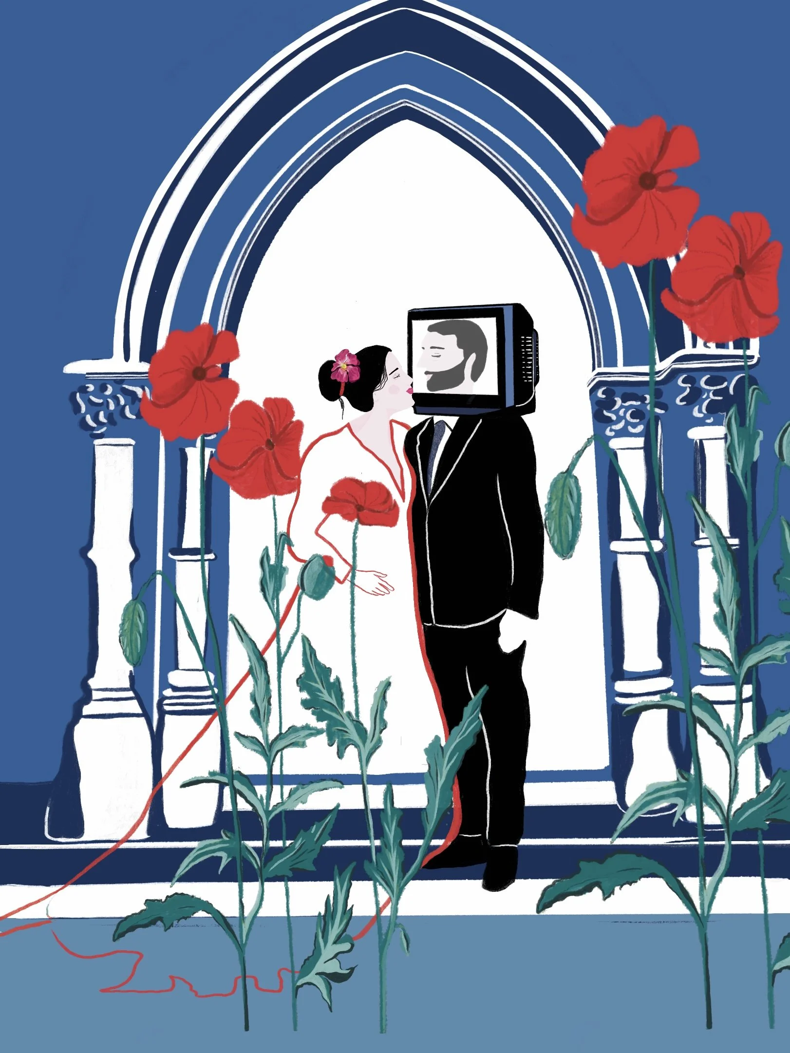 Illustration d’un couple s’embrassant devant une télévision vintage, entouré de coquelicots rouges et d’arches bleues.