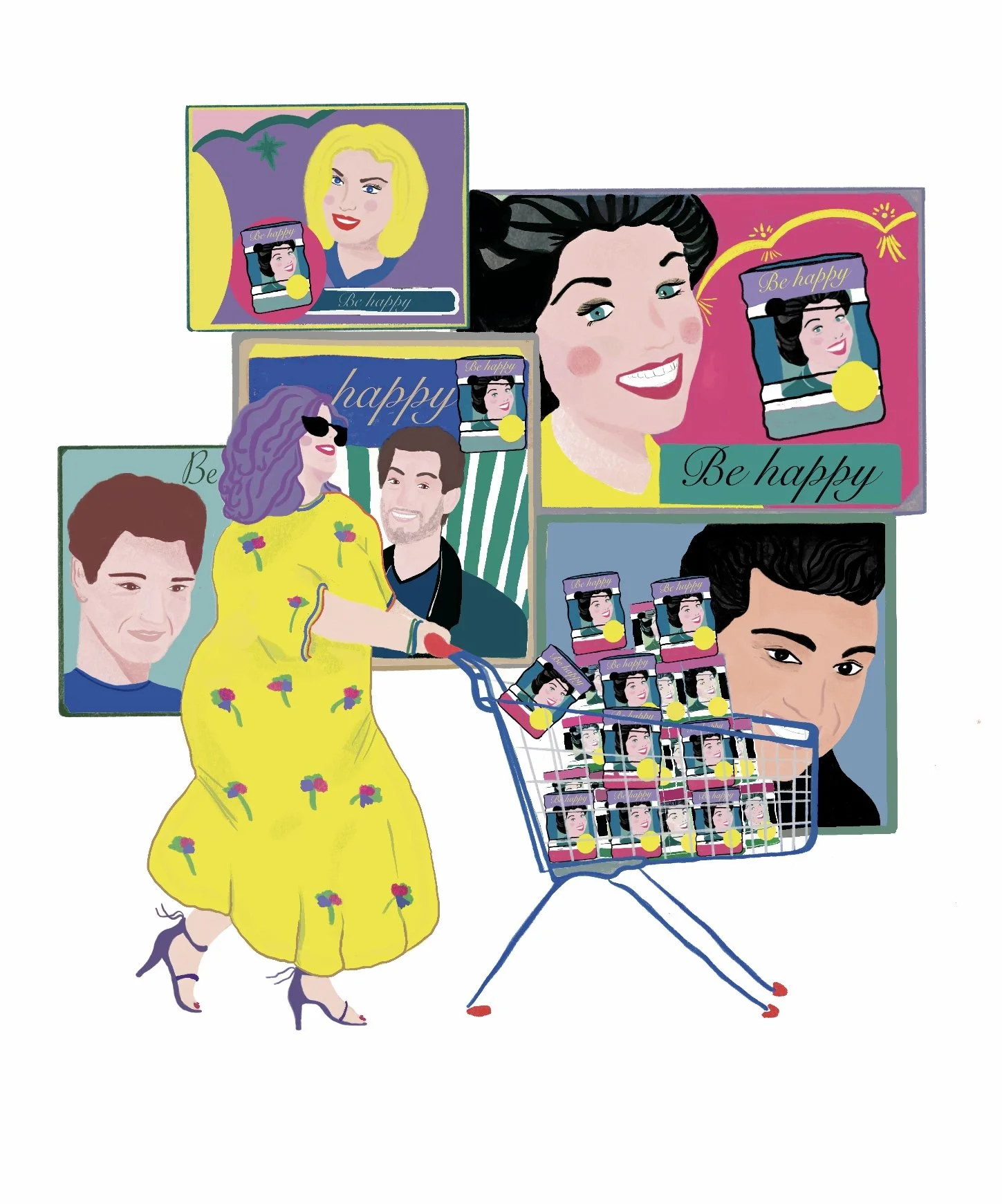 Illustration rétro d’une femme en robe jaune poussant un chariot rempli de produits « Be happy », entourée de portraits souriants.