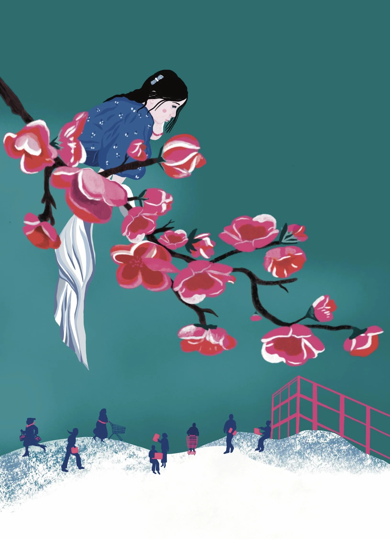 Illustration d’une femme en kimono bleu parmi des fleurs de cerisier roses, sur fond turquoise avec des silhouettes urbaines hivernales.