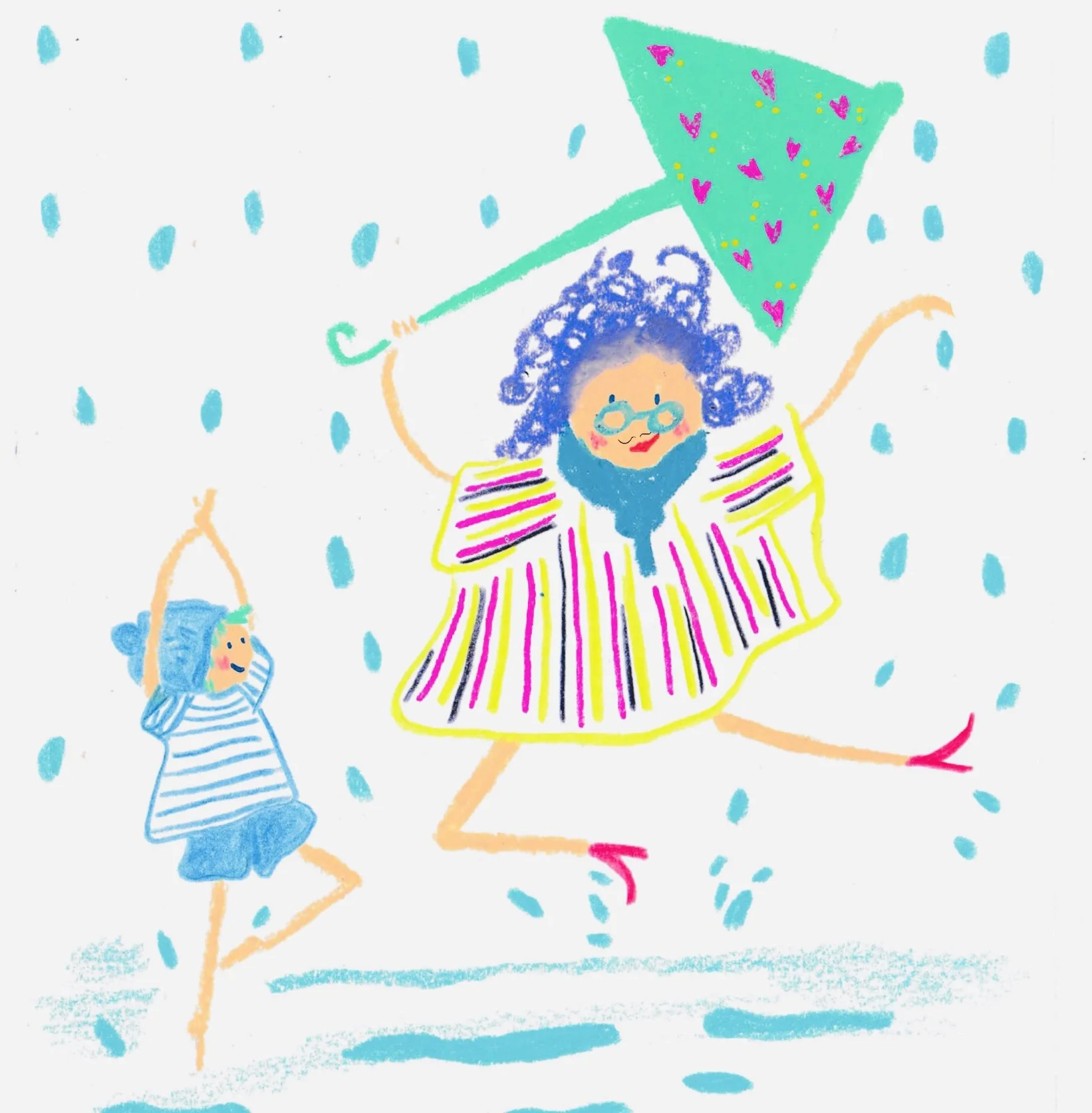 Dessin coloré d'une enfant dansant sous la neige avec un parapluie vert décoré de cœurs, accompagnée d'une petite fille.