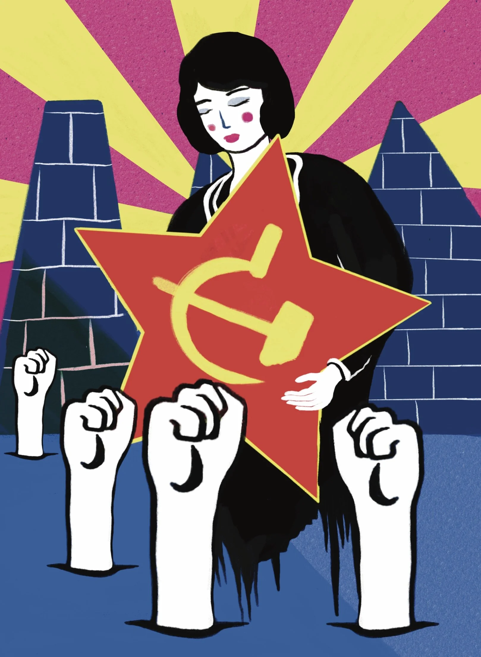 Illustration d’une manifestante tenant une grande étoile rouge, entourée de poings levés devant des gratte-ciel.