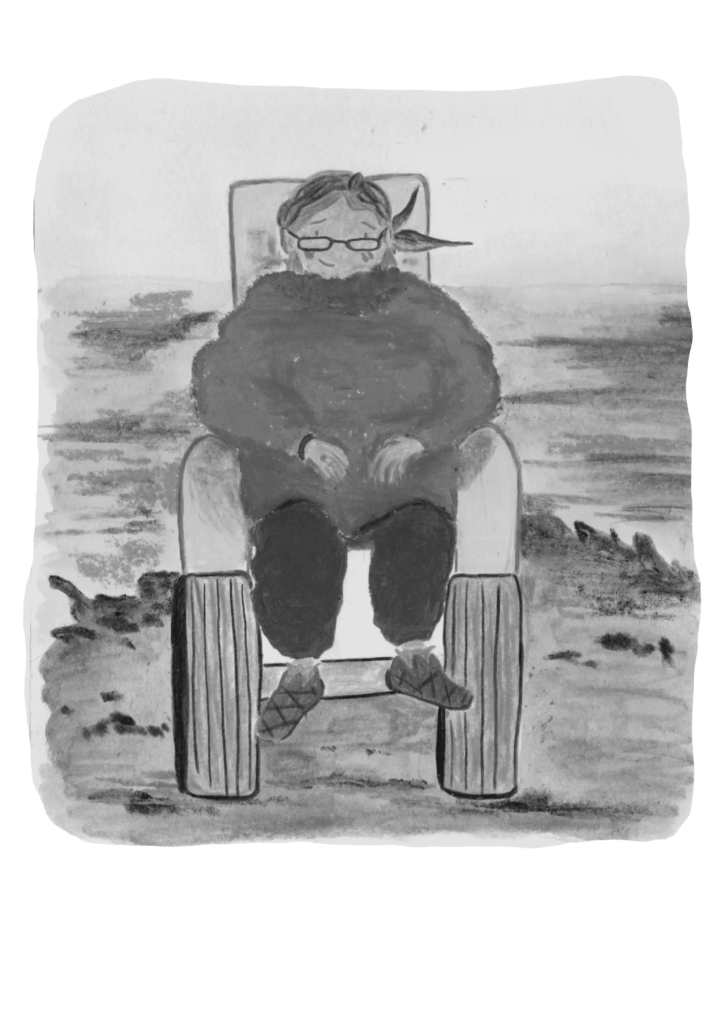 Illustration en noir et blanc d’une personne assise dans un fauteuil roulant, portant des lunettes et un châle, avec une plante derrière elle.
