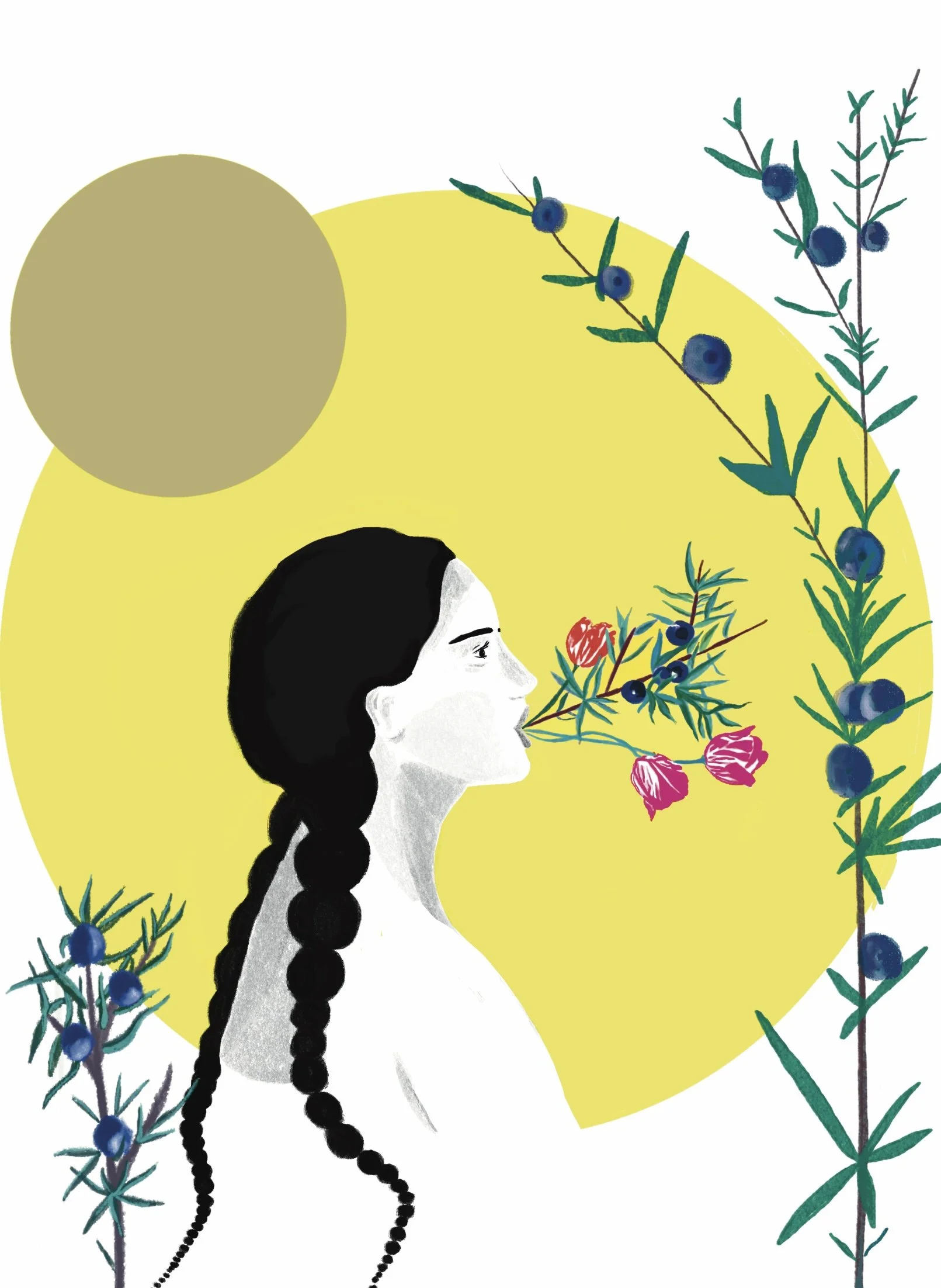 Illustration d’une femme de profil respirant un bouquet de fleurs et de baies bleues, entourée de feuillages sur fond jaune.