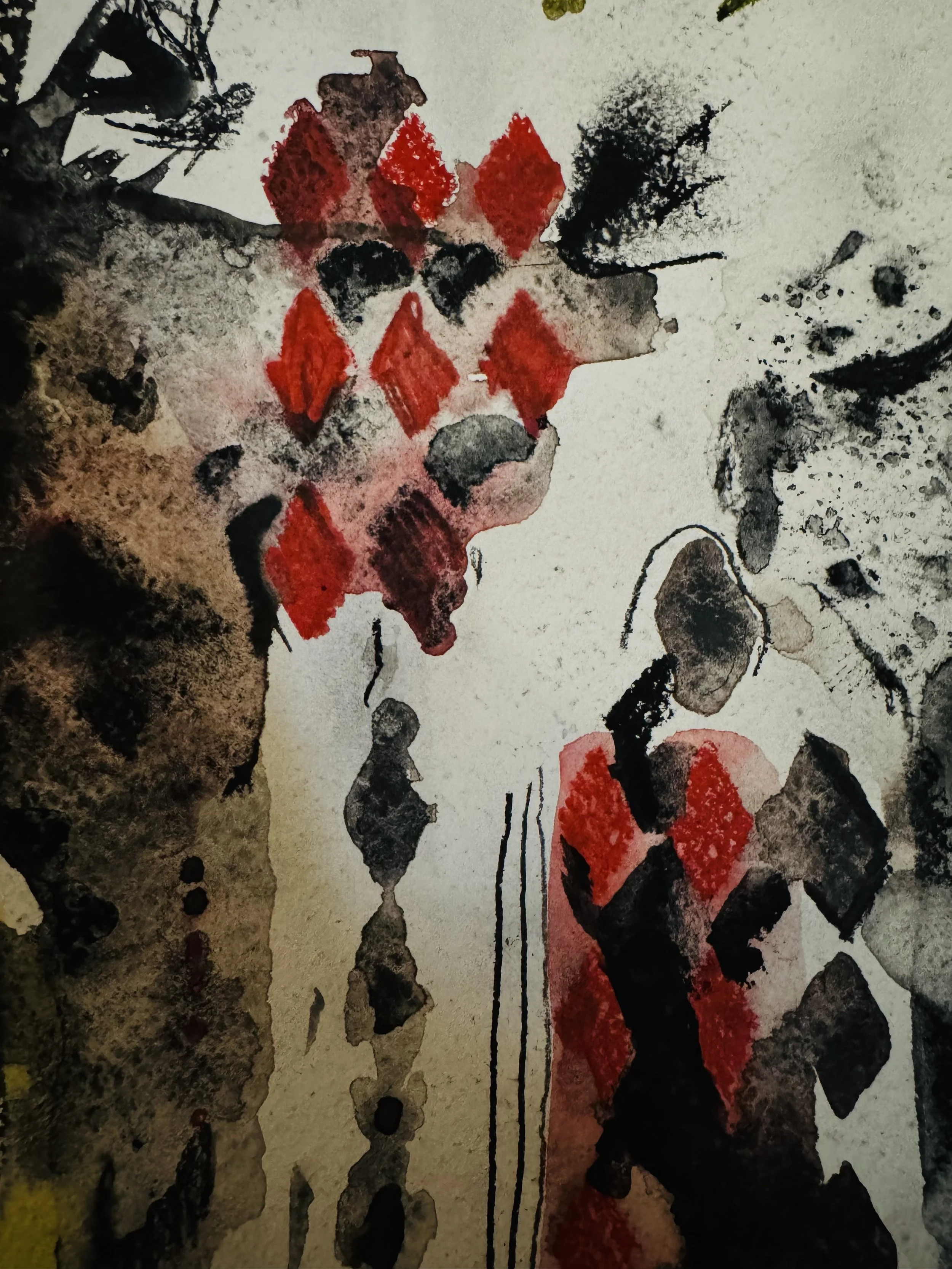 "Automatic Monsters" (material study), Inktense, Graphitint, and Charcoal, 5x7, 2026. 