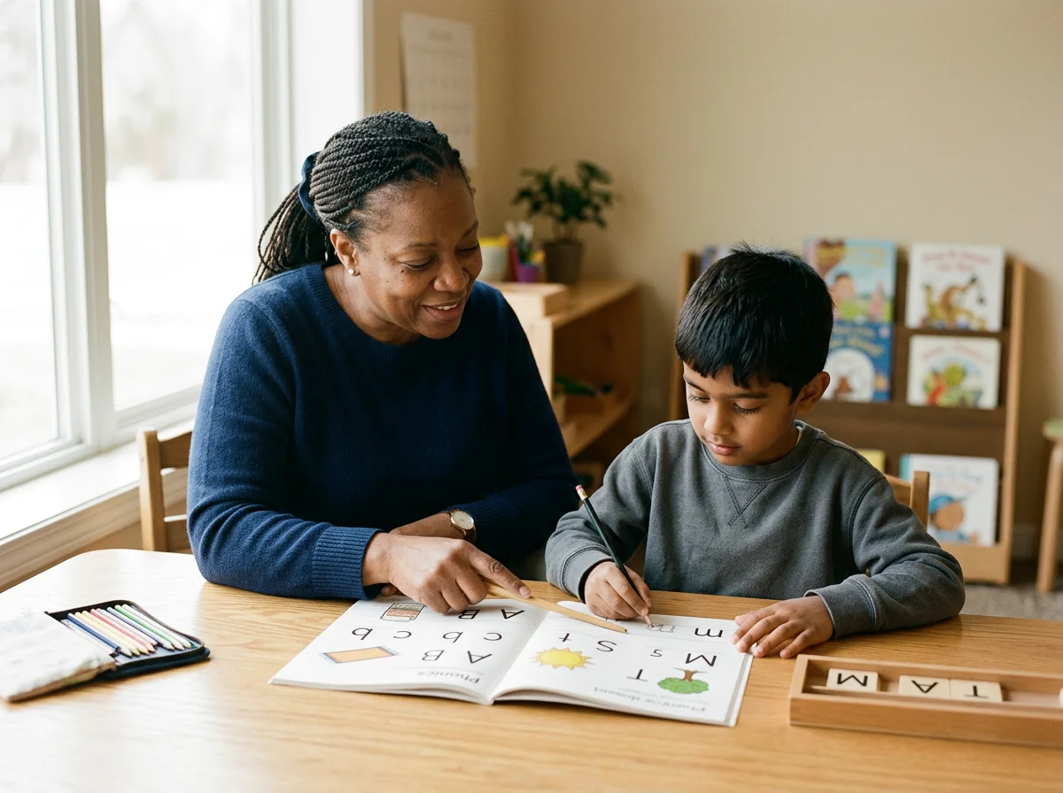 Teacher is tutoring her student in phonics
