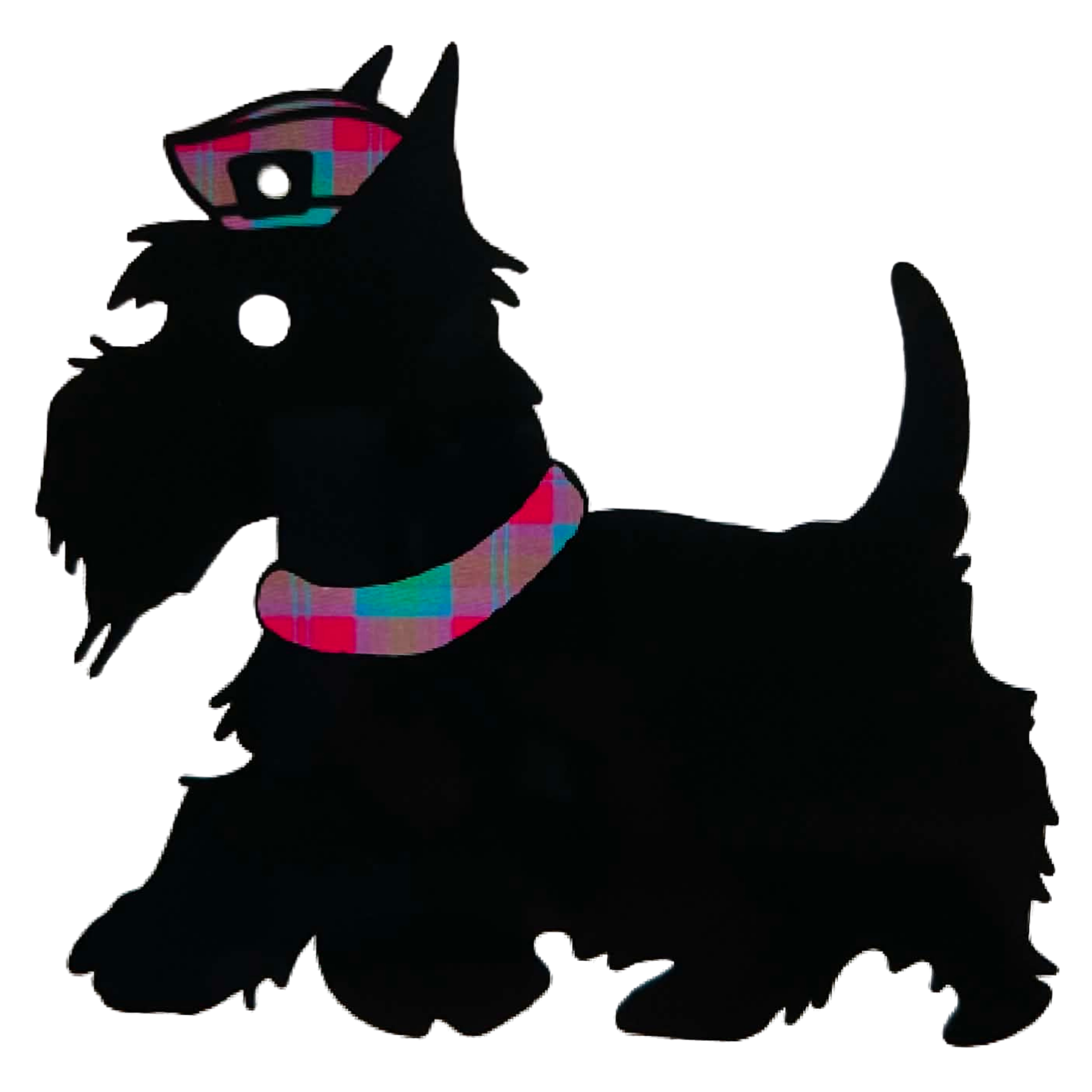 Silhouette of a cat with a rainbow-colored abstract eyes and rainbow markings on its face and paws, sitting and looking to the side.