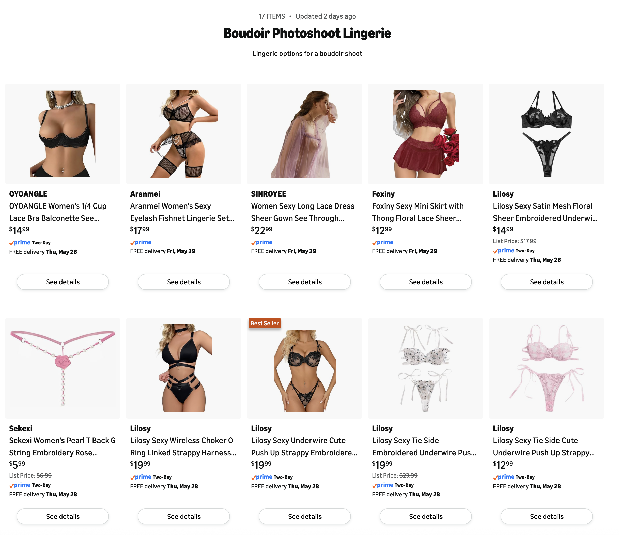 Screenshot of an online lingerie store featuring various lingerie pieces for boudoir photoshoots, including bras, panties, and accessories, with prices and delivery information.