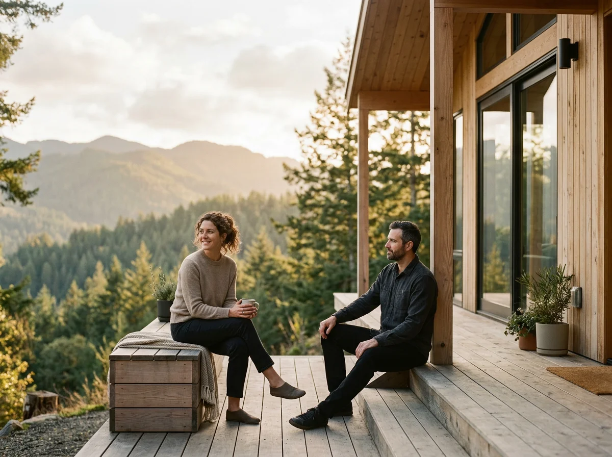 A woman and a man sit on a wooden deck outside a house, overlooking a forested mountain landscape during sunset. The woman holds a cup, and there are potted plants on the deck.