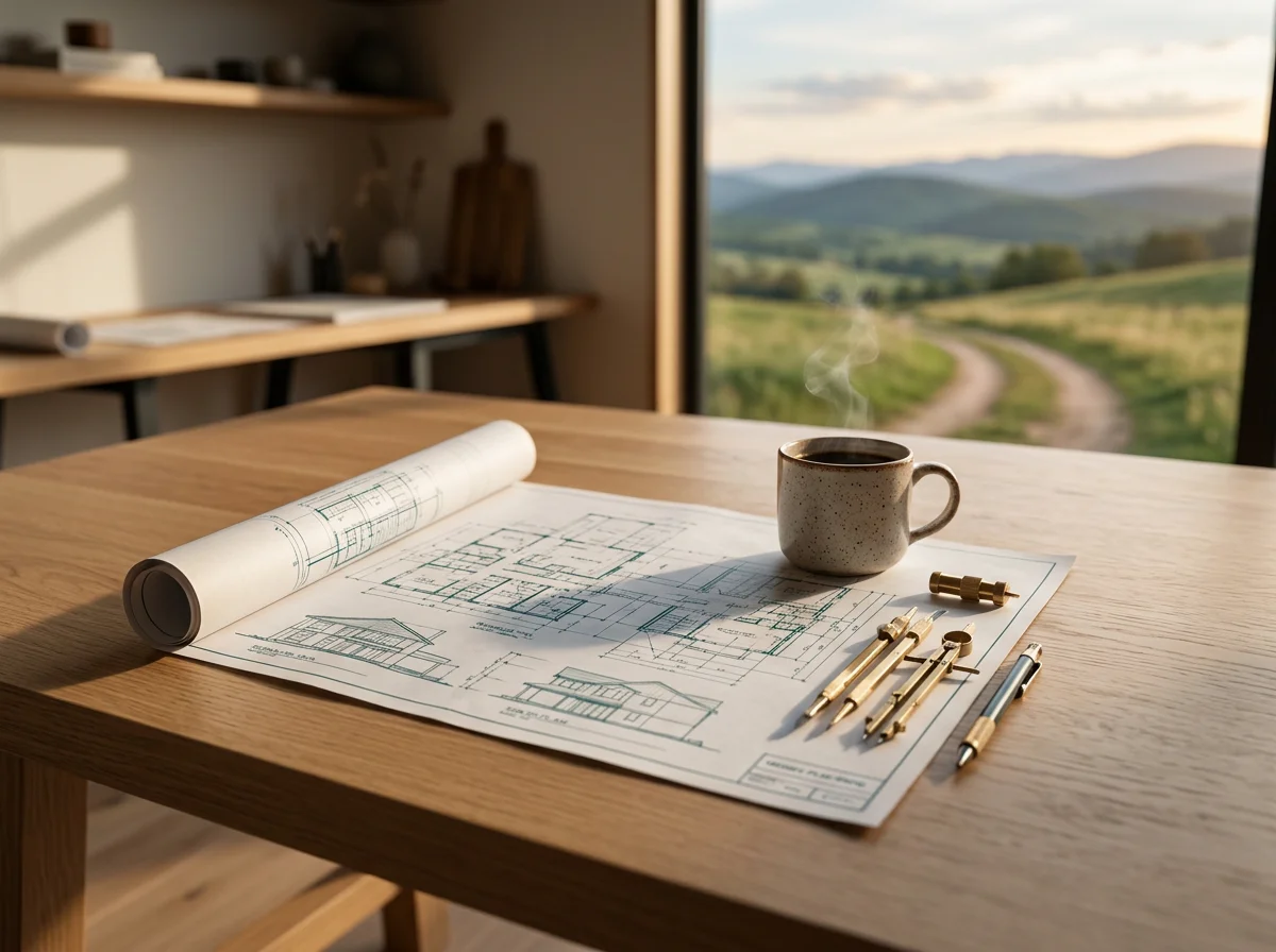 Blueprints, a coffee mug, and pens on a wooden table near a window overlooking green hills.