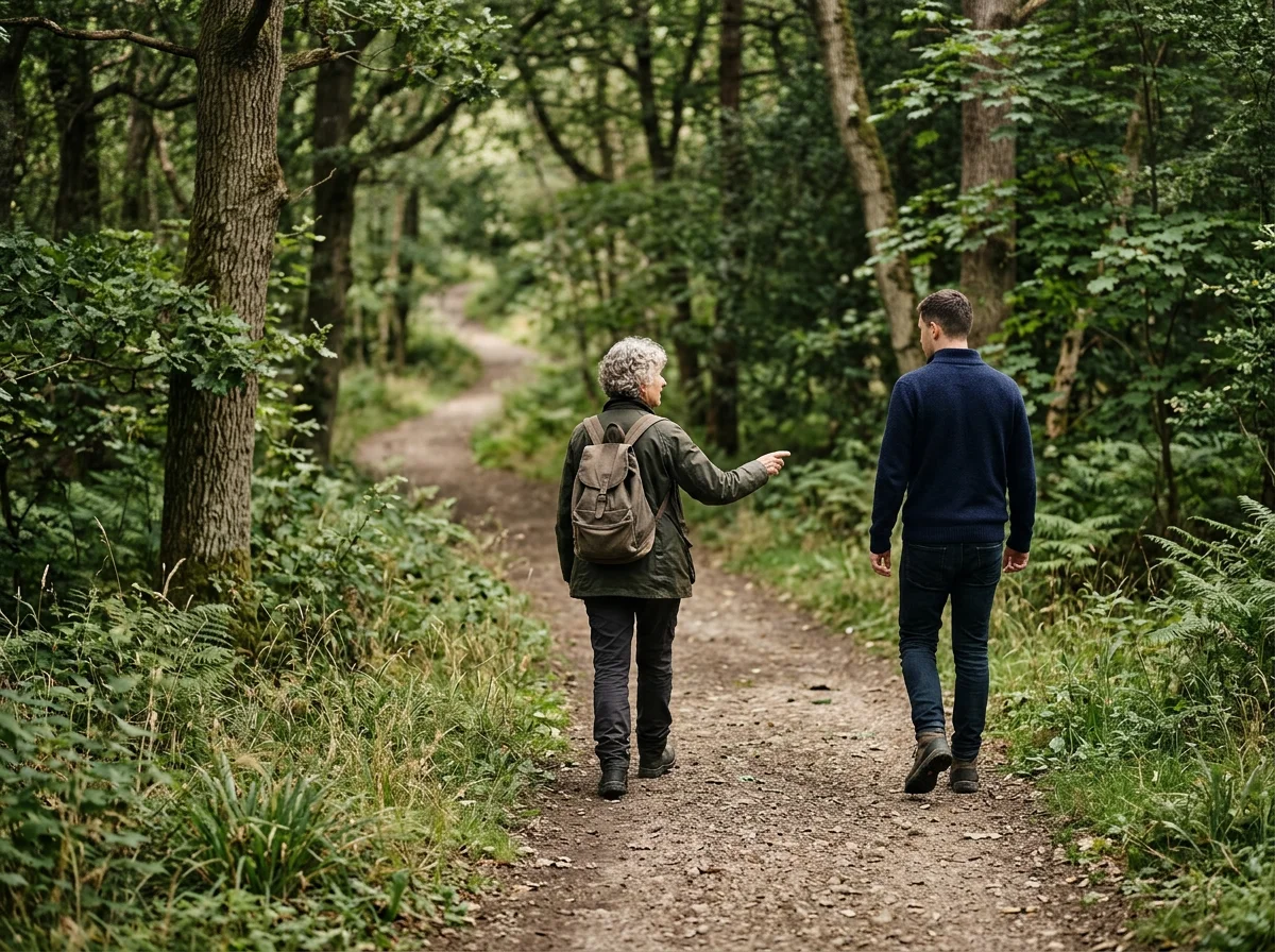 An elderly woman with curly gray hair, carrying a backpack, and a young man walking and talking in a wooded trail surrounded by green trees and plants.